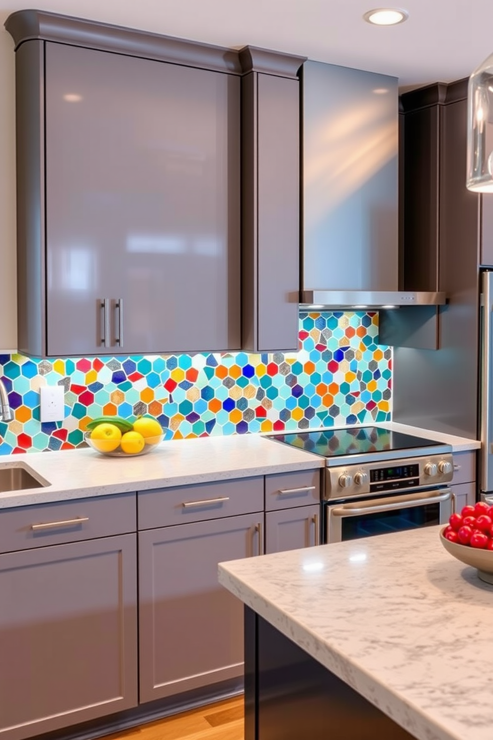 A stylish U-shaped kitchen features a breathtaking backsplash adorned with geometric tiles in a mix of vibrant colors. The cabinetry is sleek and modern, complemented by stainless steel appliances and a spacious island for meal preparation.