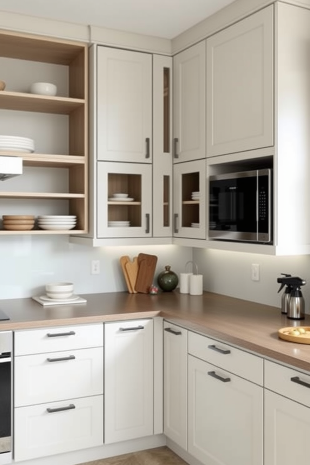 A modern U-shaped kitchen design with functional corner units for optimal storage. The cabinetry features sleek finishes and a mix of open shelving and closed cabinets, maximizing space while maintaining a clean aesthetic.