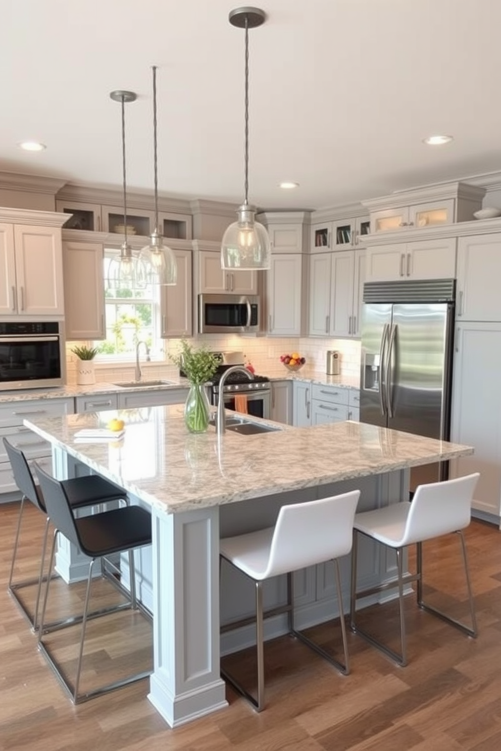 A spacious U-shaped kitchen features high ceilings adorned with decorative wooden beams that add character and warmth to the space. The cabinetry is a soft white with gold hardware, complemented by a large central island topped with a stunning quartz countertop.