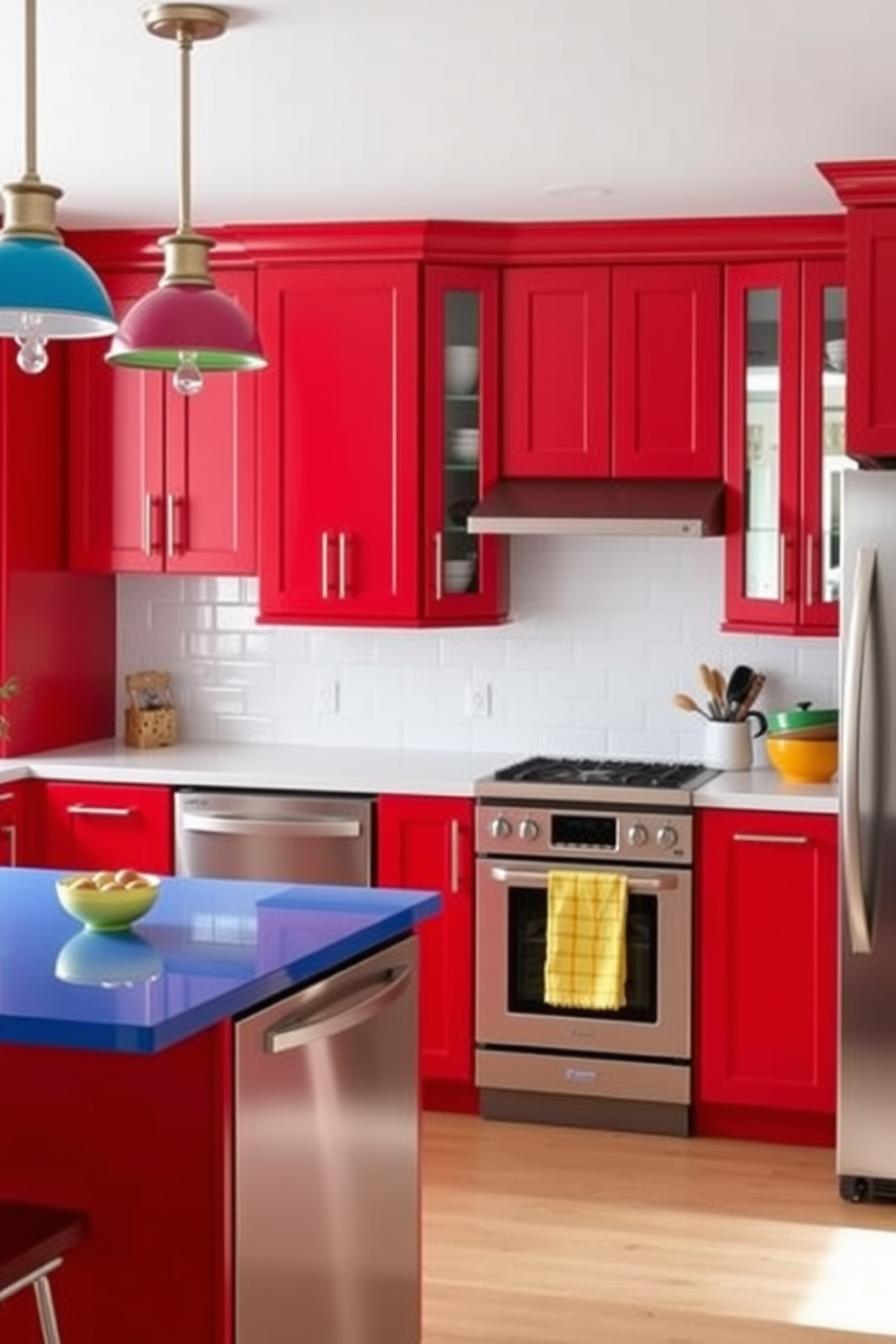 A U-shaped kitchen with bold color accents creates an inviting and energetic atmosphere. Bright red cabinets contrast beautifully with sleek stainless steel appliances and a white subway tile backsplash. The kitchen island features a vibrant blue countertop that serves as a focal point for the space. Pendant lights with colorful shades hang above, adding a playful touch to the overall design.