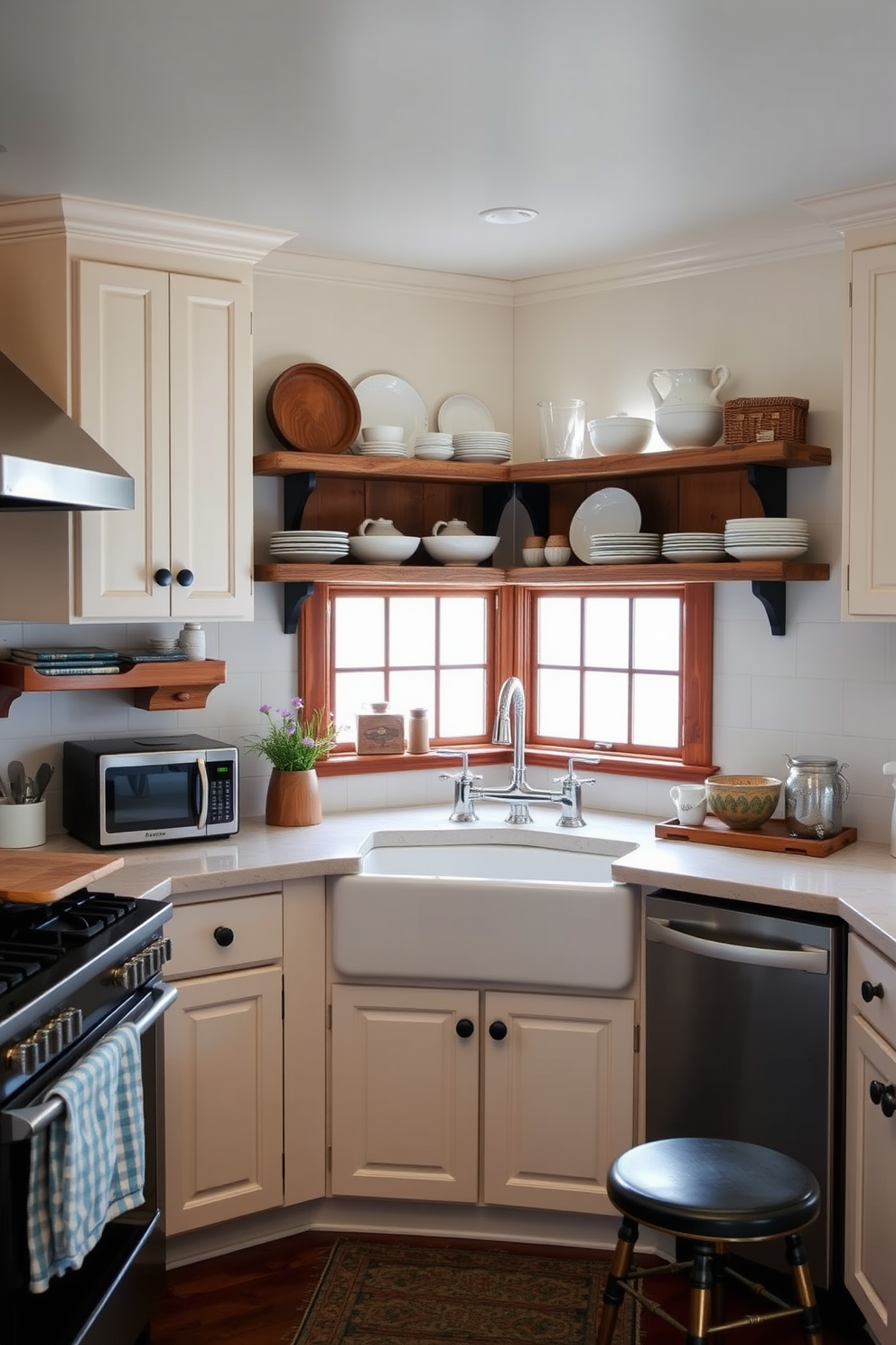 A cozy U-shaped kitchen featuring a farmhouse sink with vintage fixtures. The cabinetry is a soft cream color, complemented by rustic wooden shelves displaying charming dishware.