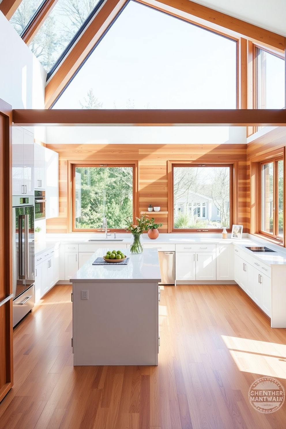 Bright and airy with large windows the U-shaped kitchen features sleek white cabinetry and a spacious island at the center. Natural light floods the space enhancing the warm wood accents and creating a welcoming atmosphere.