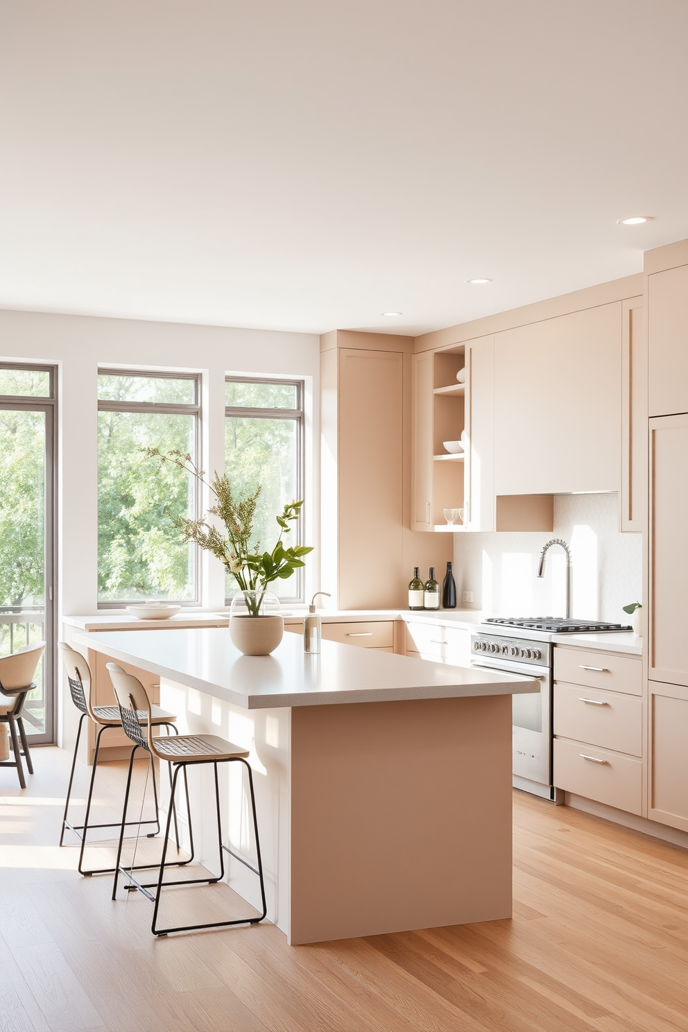 A U-shaped kitchen design featuring neutral tones creates a calming atmosphere. The cabinetry is a soft beige with a matte finish, complemented by a light gray backsplash that adds subtle texture. The kitchen island, also in neutral tones, provides additional counter space and is adorned with minimalist bar stools. Natural light floods the space through large windows, enhancing the serene ambiance of the kitchen.