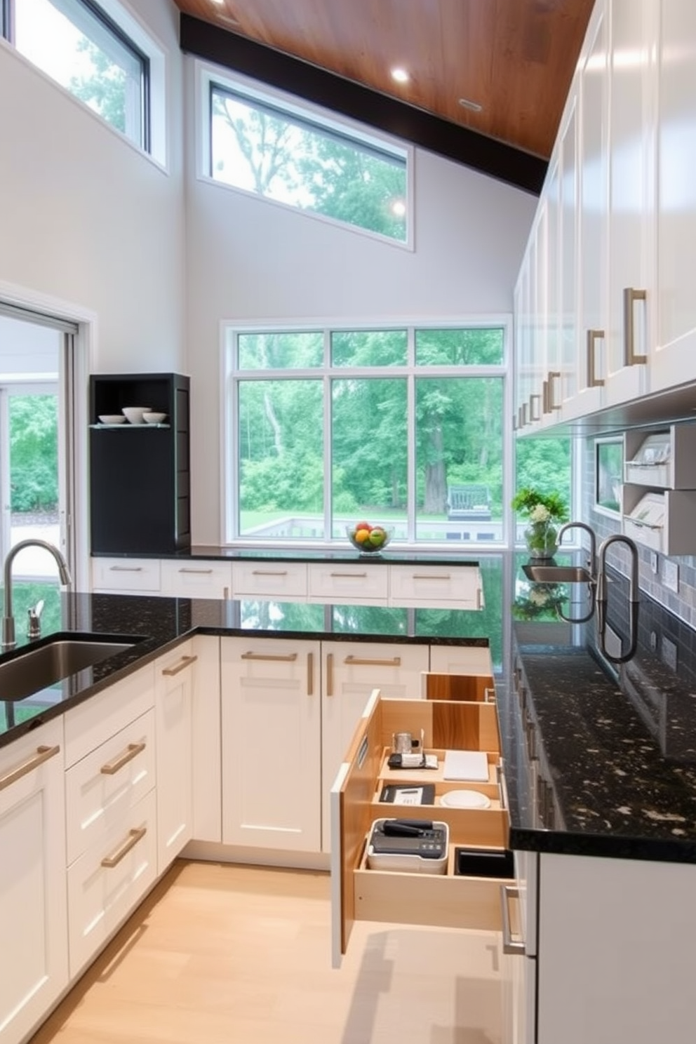 A modern U-shaped kitchen that maximizes space with innovative pull-out shelves. The cabinetry is a sleek white finish with stainless steel handles, complementing the dark granite countertops. The kitchen features an island in the center, providing additional prep space and seating. Large windows allow natural light to flood the area, enhancing the open and airy feel.