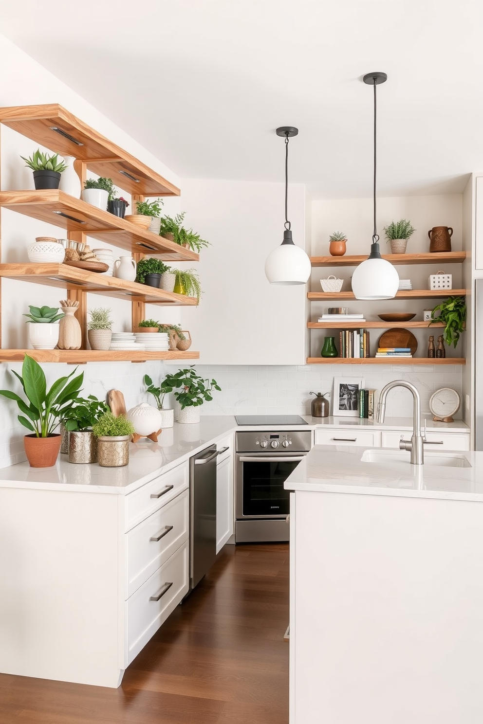 A U-shaped kitchen featuring eco-friendly materials such as bamboo cabinetry and recycled glass countertops. The backsplash is made of reclaimed wood, and energy-efficient appliances are seamlessly integrated into the design. Natural light floods the space through large windows, highlighting the sustainable features and creating a warm, inviting atmosphere. The kitchen island is adorned with potted herbs, adding a touch of greenery and functionality to the layout.