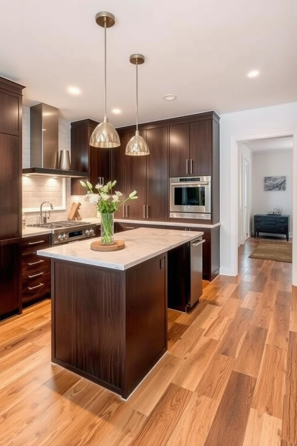 Layered lighting creates a functional ambiance in the U-shaped kitchen, highlighting key work areas while providing a warm atmosphere. Pendant lights hang above the island, recessed lighting illuminates the countertops, and under-cabinet lights add a soft glow to the backsplash. The U-shaped kitchen features a central island with bar seating, surrounded by sleek cabinetry and modern appliances. A harmonious color palette of soft whites and natural wood tones enhances the inviting feel of the space.