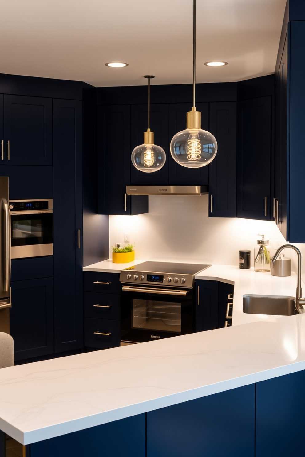 A modern U-shaped kitchen featuring sleek cabinetry in a deep navy blue. The space is illuminated by chic pendant lighting fixtures that serve as focal points above the island, creating a warm and inviting atmosphere. The countertops are made of white quartz with subtle gray veining, complementing the rich cabinetry. Stainless steel appliances are seamlessly integrated, enhancing the contemporary look of the kitchen.