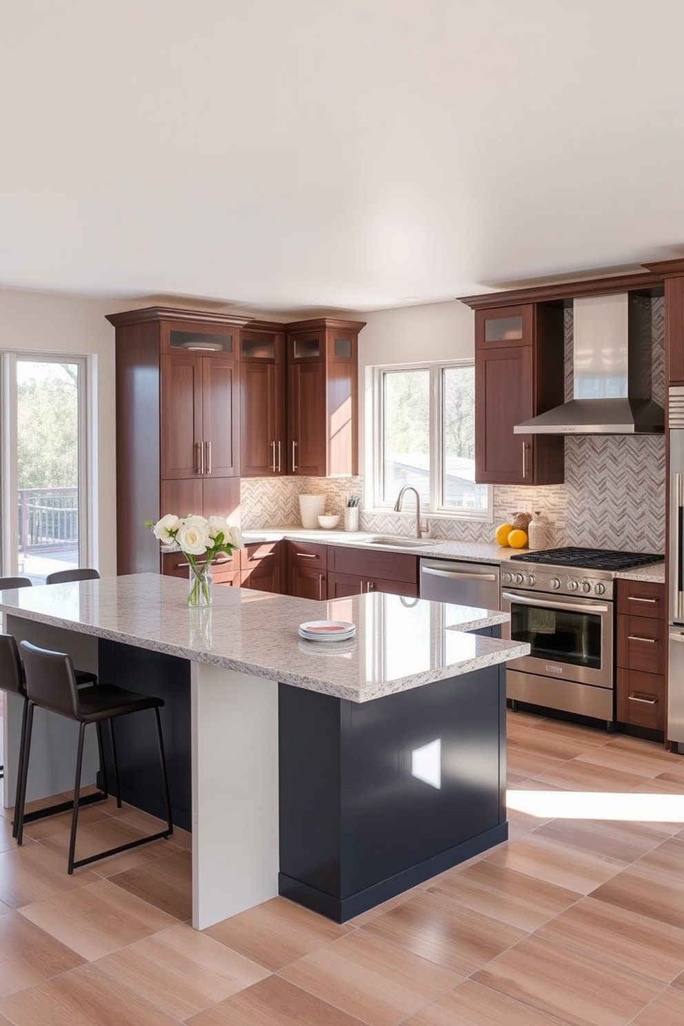 A multi-functional island serves as both a cooking and dining area in this U-shaped kitchen design. The island features a sleek granite countertop with bar stools on one side, while the other side accommodates a built-in stove and ample storage space. The U-shaped layout maximizes efficiency with cabinets and appliances seamlessly integrated along the walls. Natural light floods the space through large windows, highlighting the modern cabinetry and stylish backsplash.