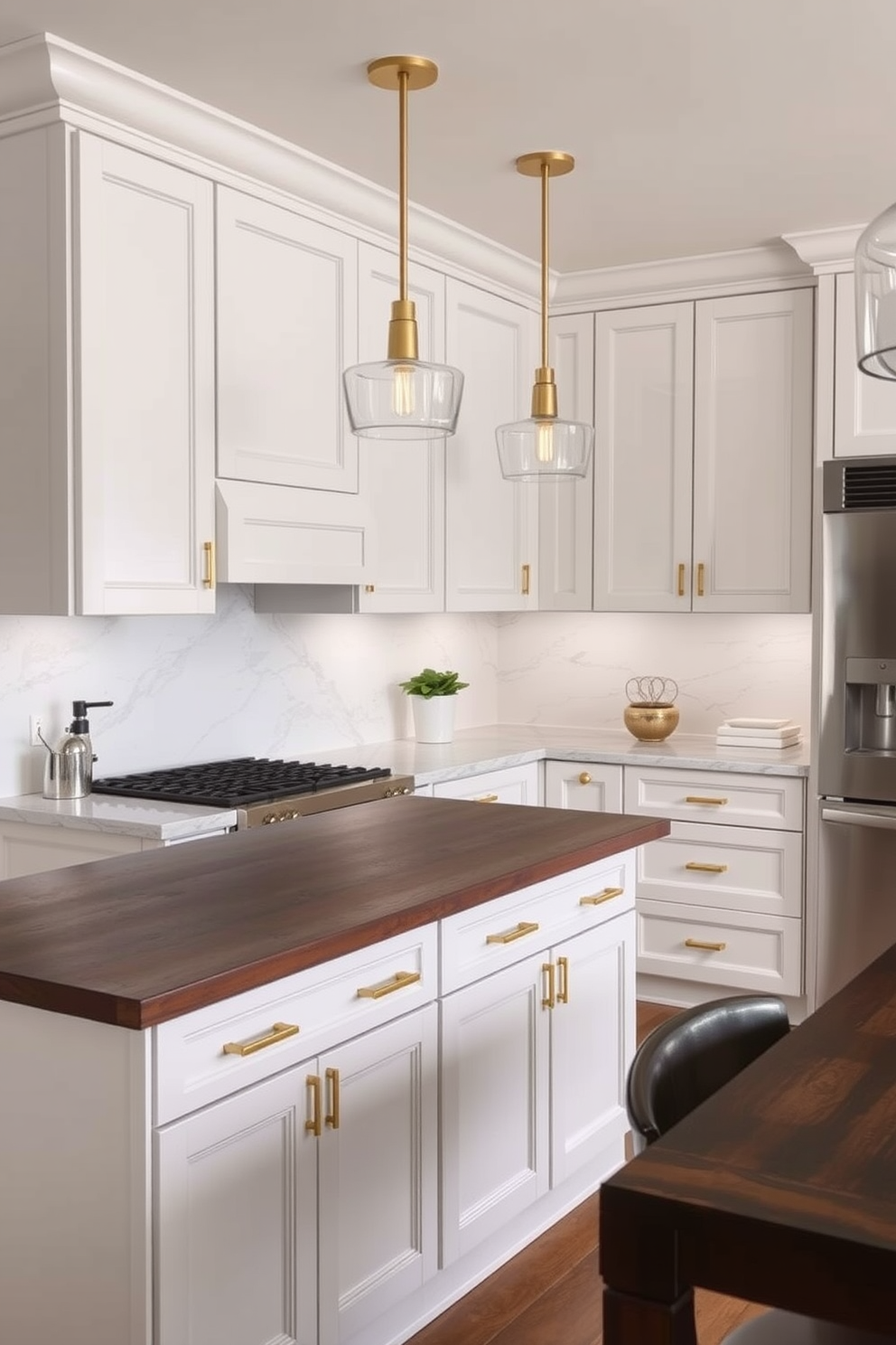 A U-shaped kitchen with cohesive design features matching decor elements throughout the space. The cabinetry is a soft white with brushed brass hardware, complemented by a sleek marble backsplash that extends to the ceiling. The kitchen island is topped with a dark wood countertop, providing a striking contrast to the lighter elements. Pendant lights with a modern design hang above the island, enhancing the overall aesthetic while providing ample lighting.