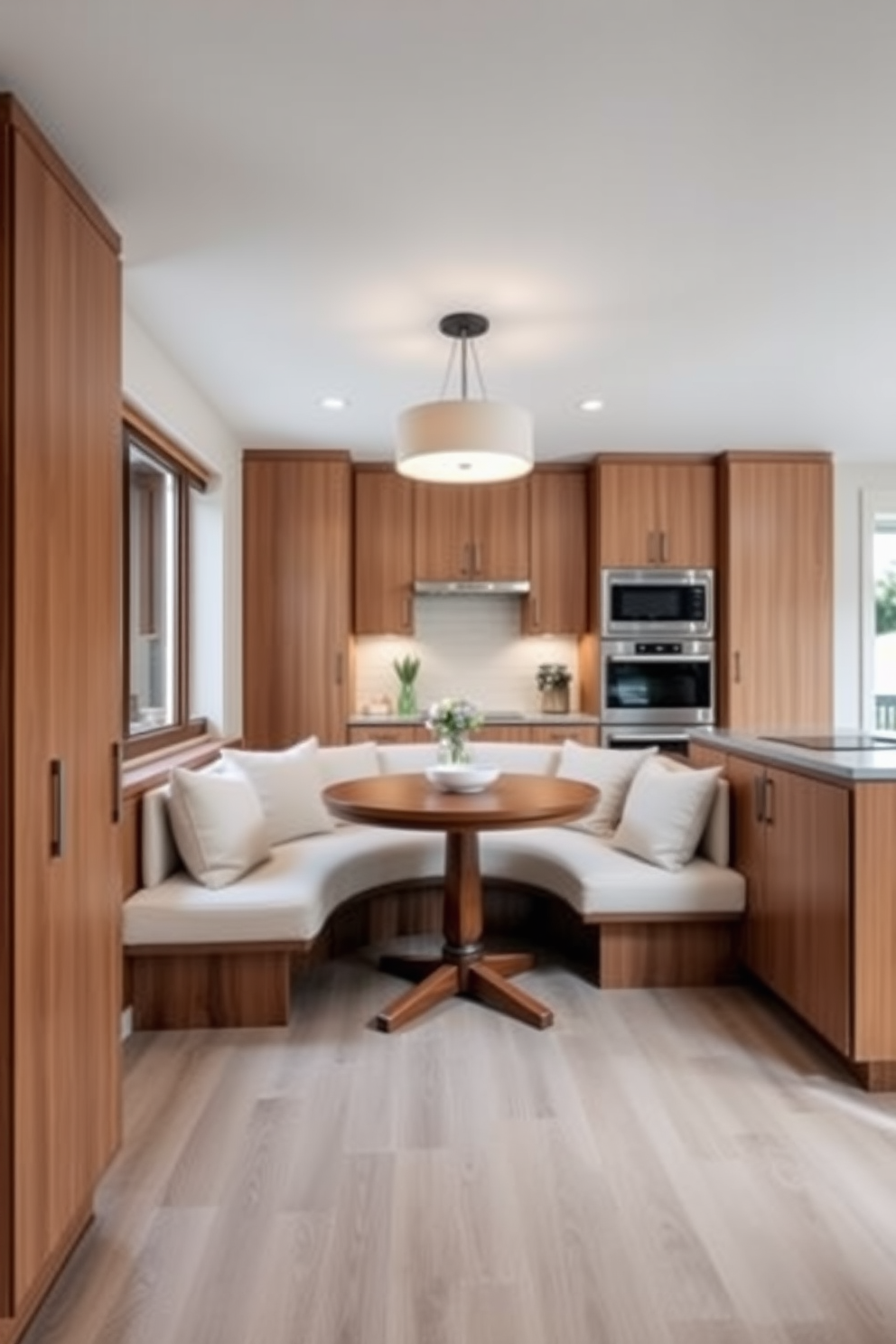 A cozy breakfast nook is nestled in the corner of a U-shaped kitchen. It features a round wooden table surrounded by plush upholstered chairs in soft pastel colors. Natural light floods the space through a large window, highlighting the warm tones of the cabinetry. Decorative elements such as potted herbs and a stylish pendant light add charm and functionality to the area.