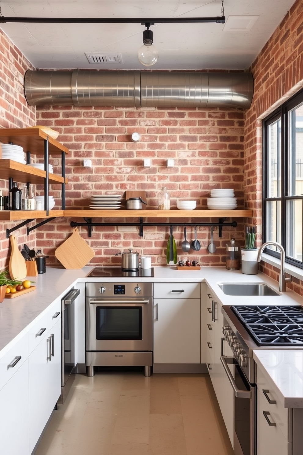 An industrial style kitchen featuring exposed brick walls that add character and warmth. The U-shaped layout maximizes space and functionality, with sleek stainless steel appliances and open shelving for easy access to kitchen essentials.