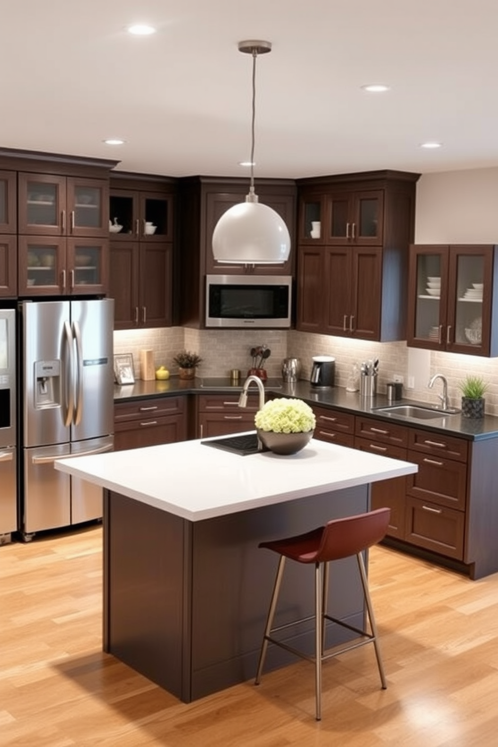 A U-shaped kitchen featuring dark wood accents creates a warm and inviting atmosphere. The cabinetry is crafted from rich mahogany with sleek, modern hardware, and the countertops are a contrasting light quartz for balance. In the center, a large island provides additional workspace and seating, surrounded by stylish bar stools. The backsplash is a textured white tile that complements the dark wood, while pendant lights with a warm glow hang above the island.