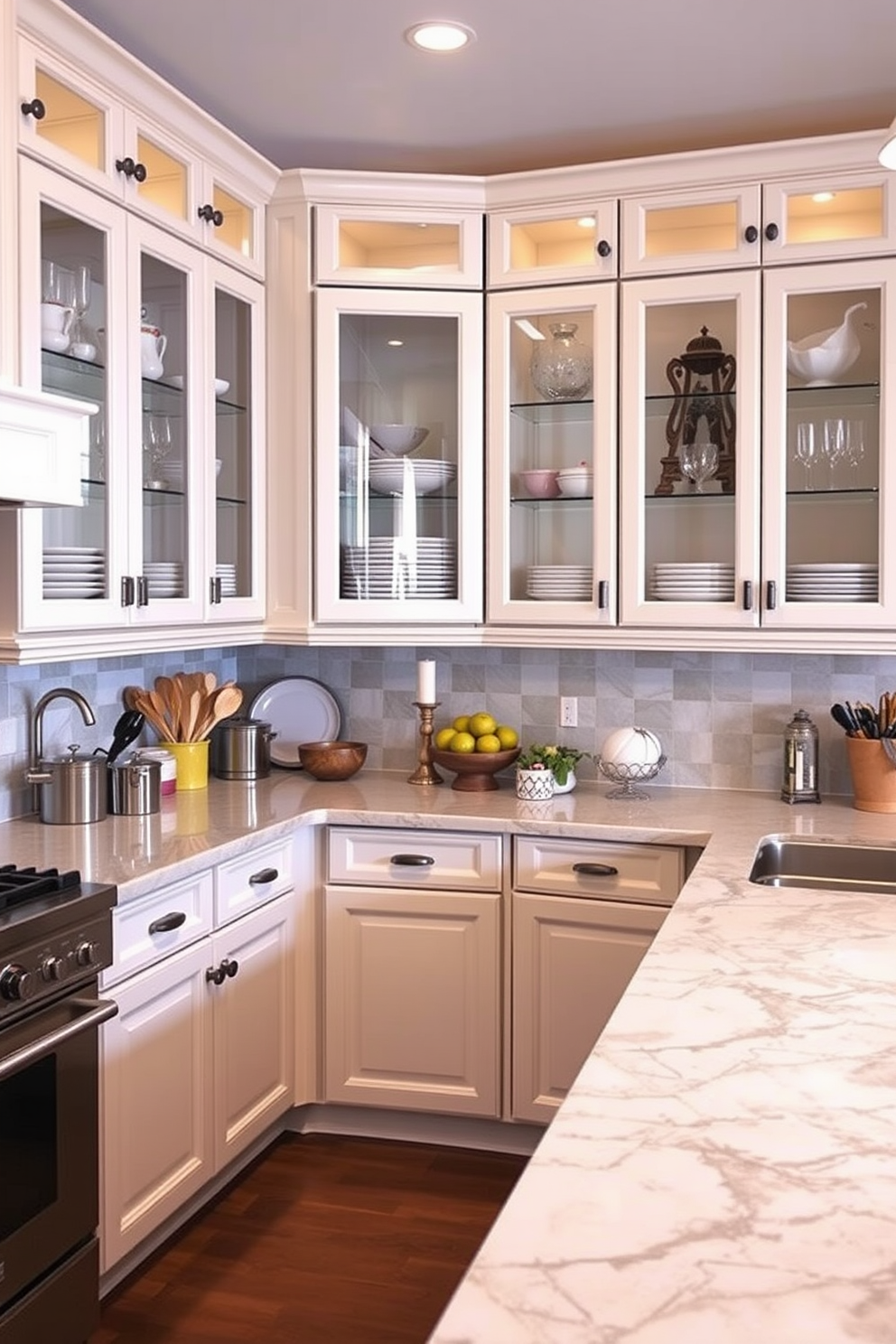 A U-shaped kitchen design features glass cabinet doors that provide easy access to dishes and cookware while showcasing beautiful glassware and decorative items. The layout promotes efficiency and flow, allowing for seamless movement between the cooking, cleaning, and preparation areas.