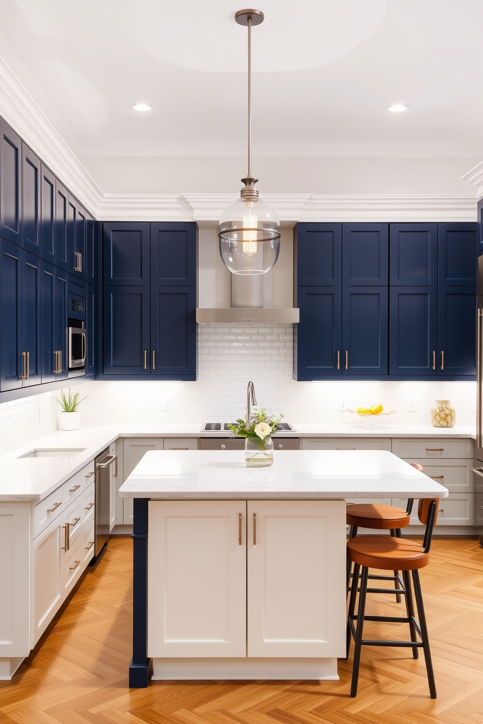 A U-shaped kitchen featuring two-tone cabinetry that adds visual interest. The upper cabinets are painted in a soft white, while the lower cabinets are a rich navy blue, creating a striking contrast. The kitchen is equipped with a large central island that provides additional prep space and seating. Modern pendant lights hang above the island, illuminating the space with a warm glow.