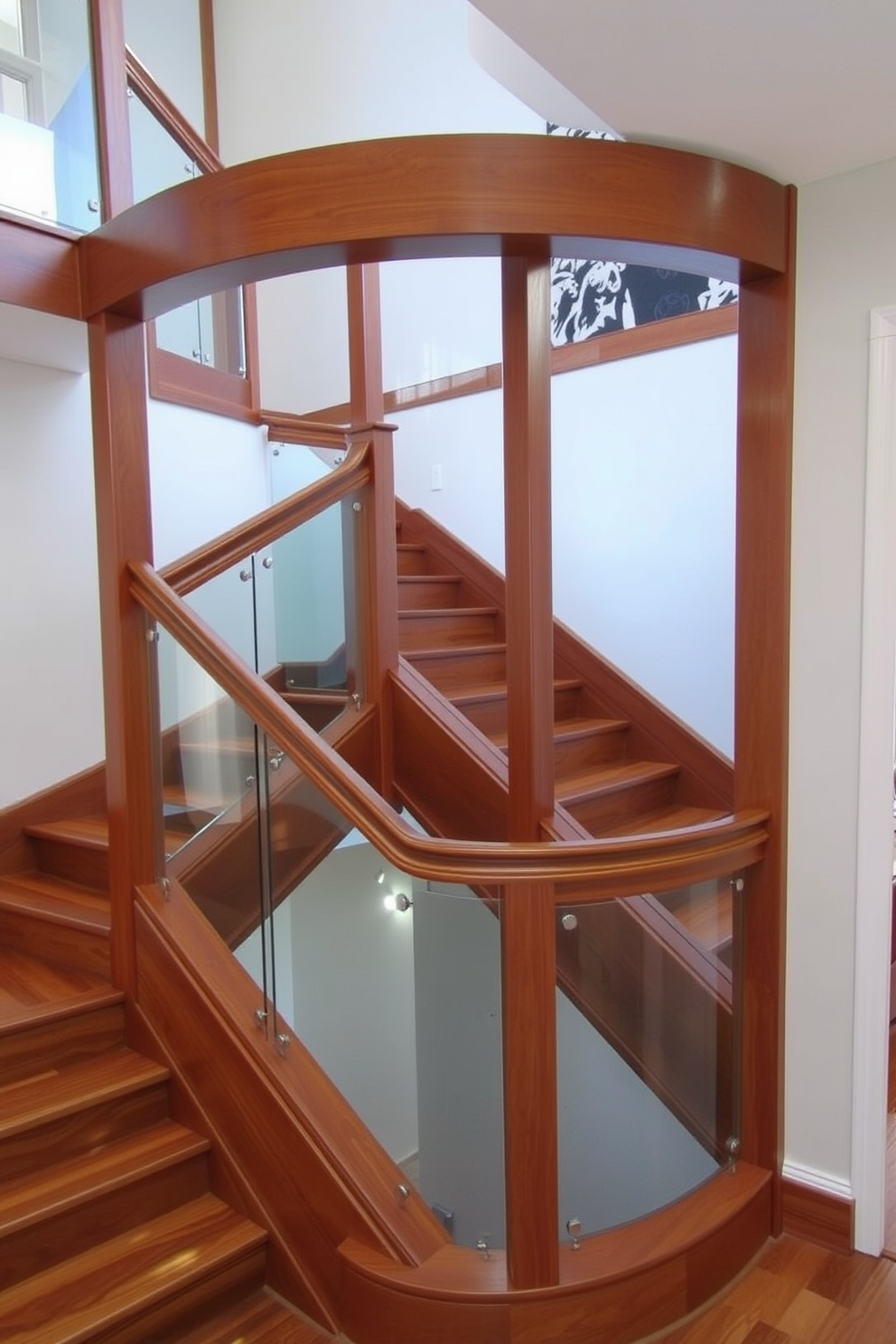 A modern U-shaped staircase featuring a combination of warm wood and sleek metal elements. The wooden treads are complemented by a minimalist metal railing that adds a touch of elegance and sophistication.