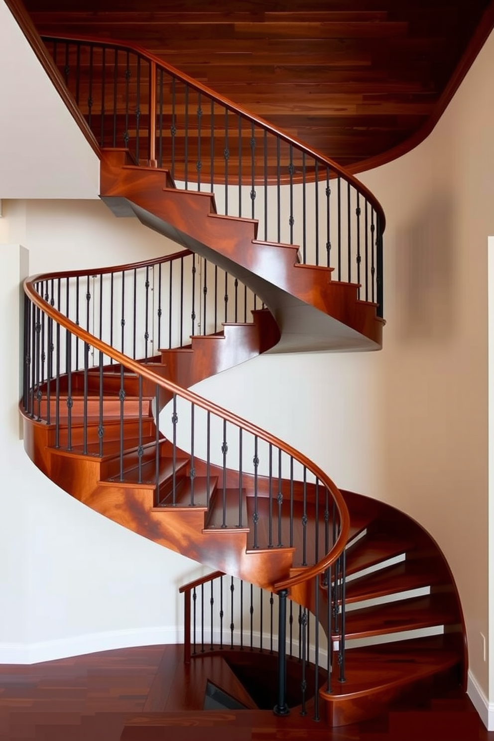 Classic white balusters line a dark wood U-shaped staircase that elegantly curves around a spacious foyer. The staircase features a polished wood handrail that complements the rich tones of the dark wood steps, creating a striking contrast against the crisp white balusters.