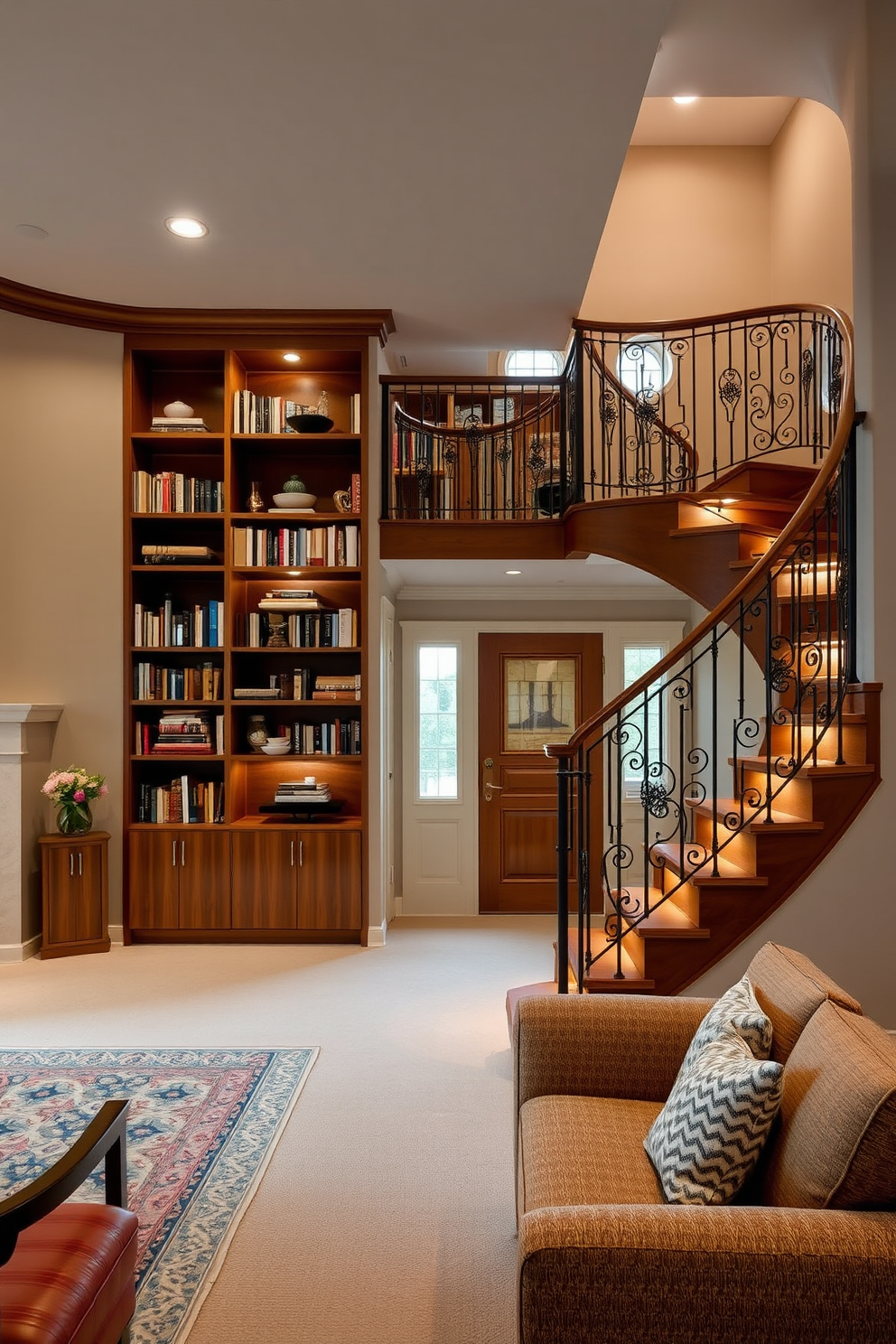 A cozy living space featuring integrated bookshelves along the wall filled with an array of books and decorative items. The shelves are made of rich wood, complementing the warm tones of the room and creating an inviting atmosphere. A stunning U-shaped staircase that serves as a focal point in the entryway. The staircase is adorned with elegant wrought iron railings and soft ambient lighting, enhancing the overall design and functionality of the space.