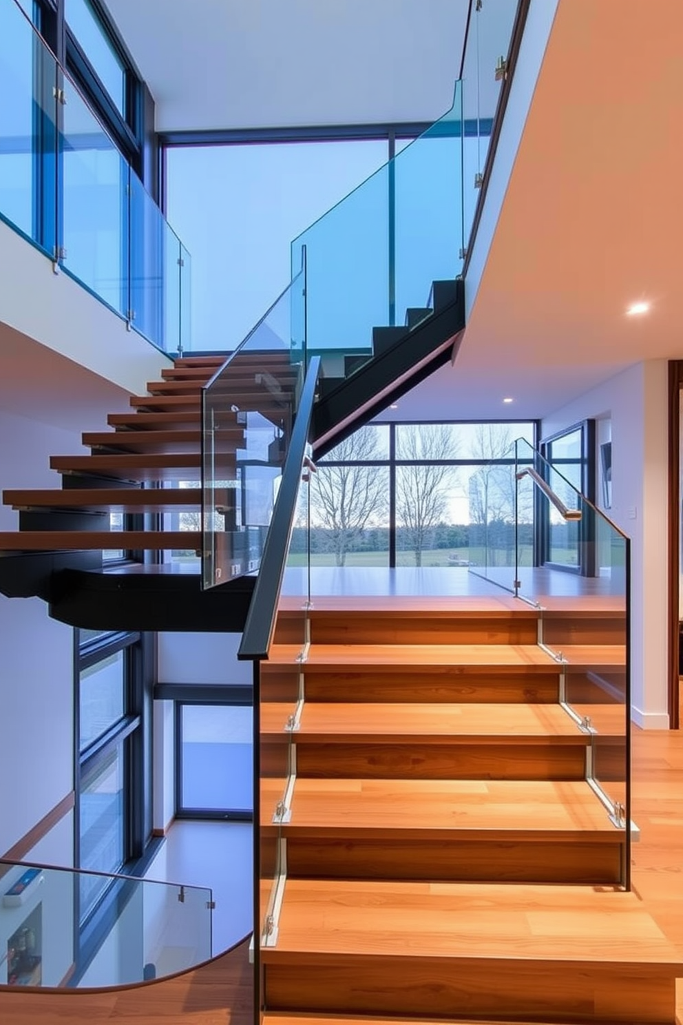 A modern U-shaped staircase with LED lighting integrated into the steps creates a stunning visual effect. The staircase features sleek wooden treads and a glass railing that enhances the contemporary aesthetic. The surrounding walls are painted in a soft white, allowing the LED lights to illuminate the space beautifully. Below the staircase, a small decorative nook showcases a minimalist plant arrangement for added charm.