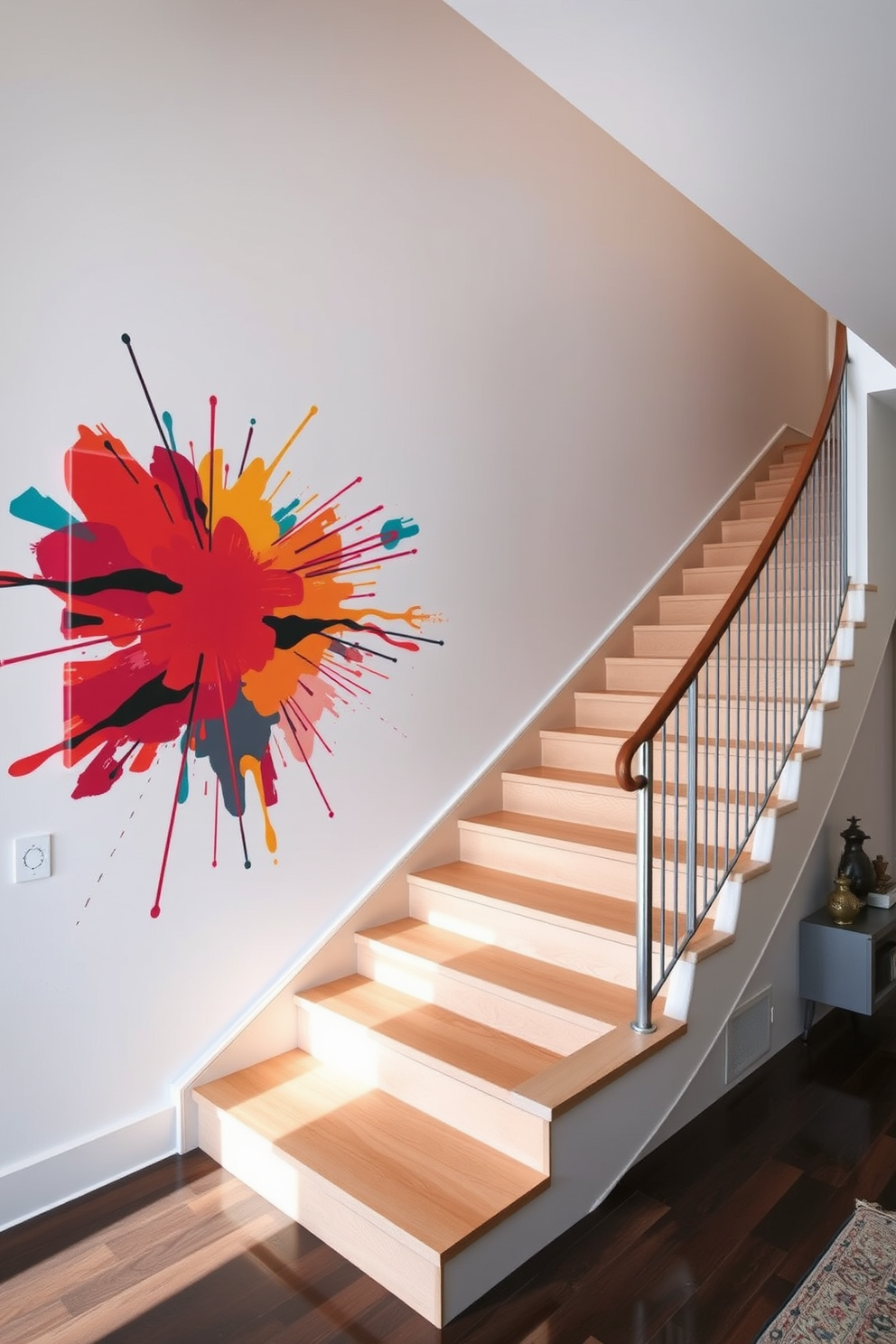 An artistic wall mural adorns the wall beside a gracefully designed U-shaped staircase. The mural features vibrant colors and abstract patterns that complement the modern aesthetic of the home.