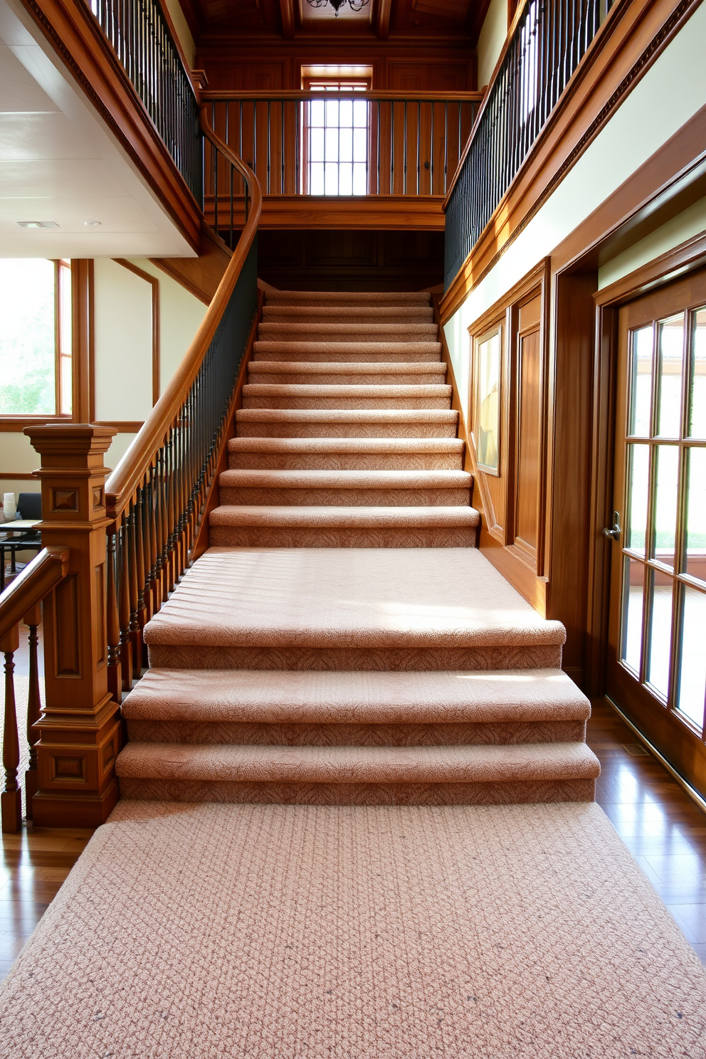 A stunning glass staircase that showcases modern elegance. The steps are made of transparent glass, supported by sleek stainless steel railings that create an airy and open feel. The staircase features a U-shaped design that seamlessly connects different levels of the home. It is illuminated by recessed lighting that highlights the beauty of the glass and enhances the overall aesthetic.