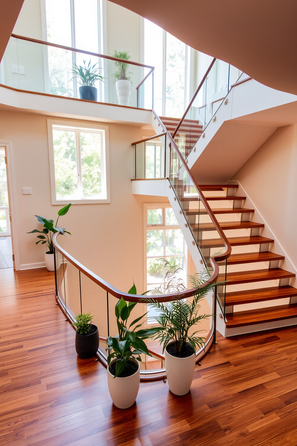 A multi-level landing features a sleek wooden floor that contrasts beautifully with the soft, neutral walls. Decorative plants in elegant pots are strategically placed to create a vibrant and inviting atmosphere. The U-shaped staircase boasts a modern design with glass railings and wooden treads that enhance the open feel of the space. Natural light floods the area through large windows, highlighting the staircase's architectural details and the lush greenery of the plants.