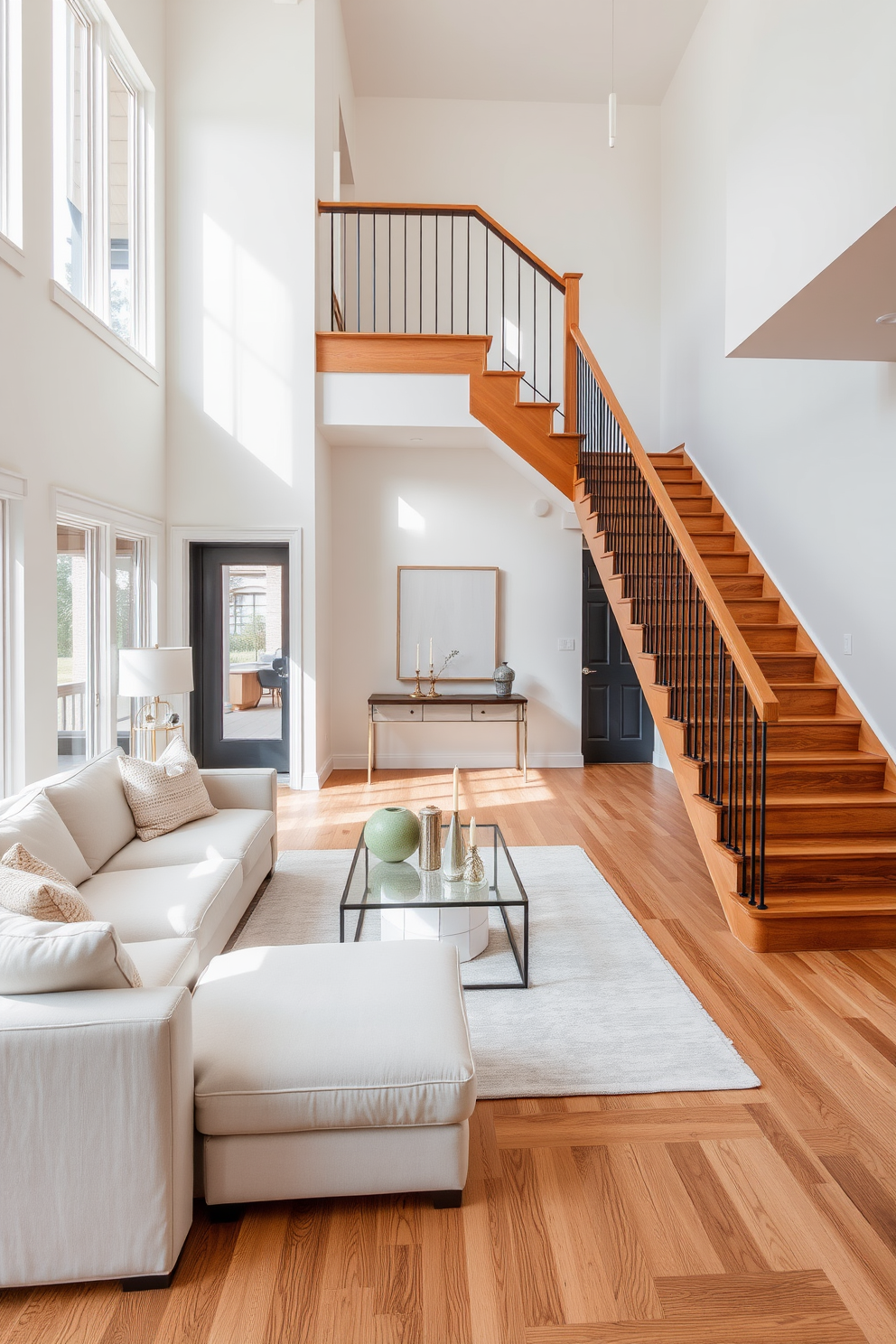 Understated elegance with neutral tones. The living space features a soft beige sectional sofa paired with a light gray area rug. Large windows allow natural light to flood the room, highlighting the subtle textures of the furnishings. A minimalist coffee table sits in the center, adorned with a few carefully curated decor pieces. U-Shaped staircase design ideas. The staircase is crafted from rich oak wood, complemented by sleek metal railings. Surrounding the staircase, the walls are painted in a soft white, creating a bright and airy atmosphere. A small landing area features a stylish console table with decorative accents, enhancing the overall aesthetic.