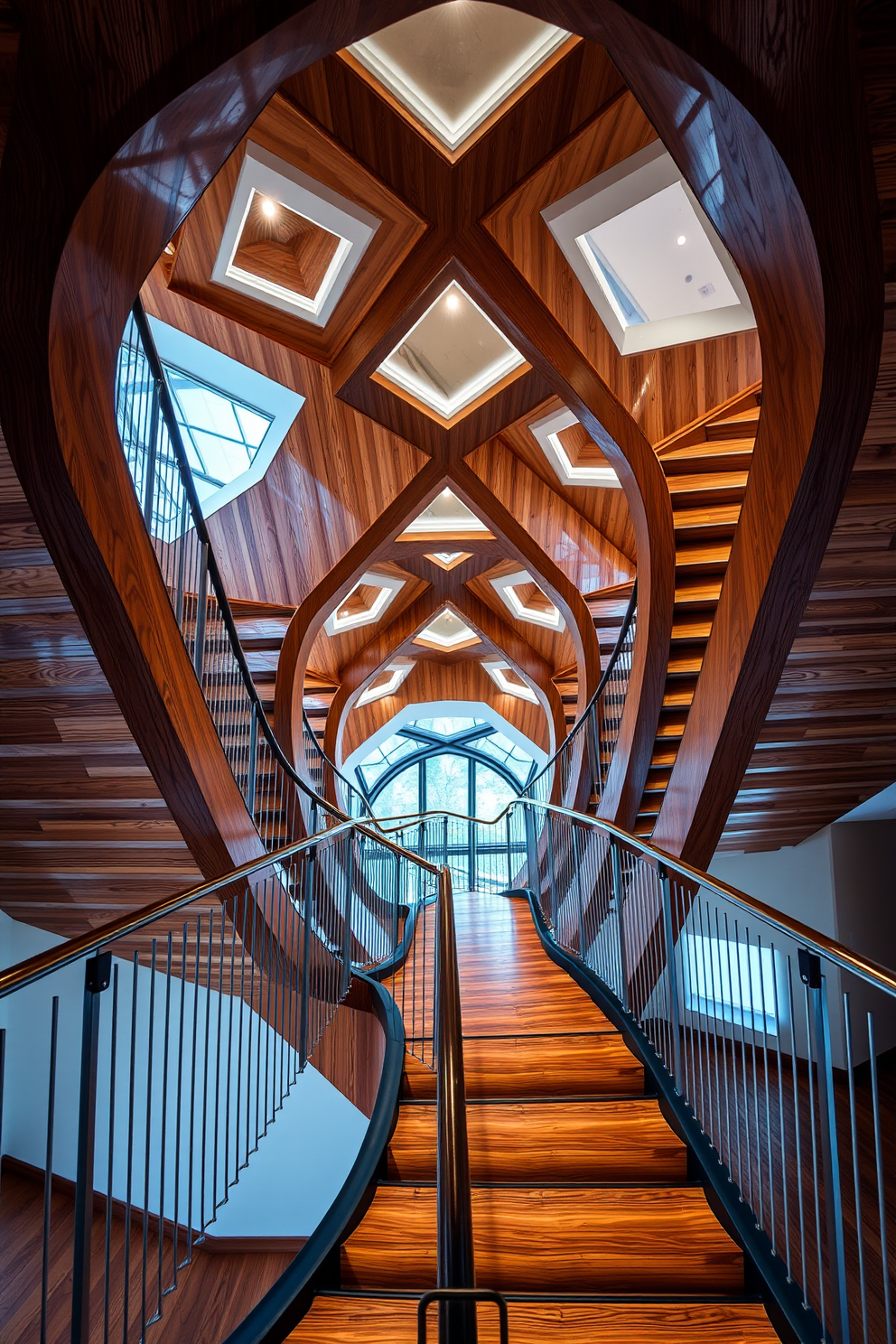 A stunning U-shaped staircase featuring unique geometric shapes throughout its design. The staircase is crafted from polished wood with sleek metal railings, creating a modern and elegant look.