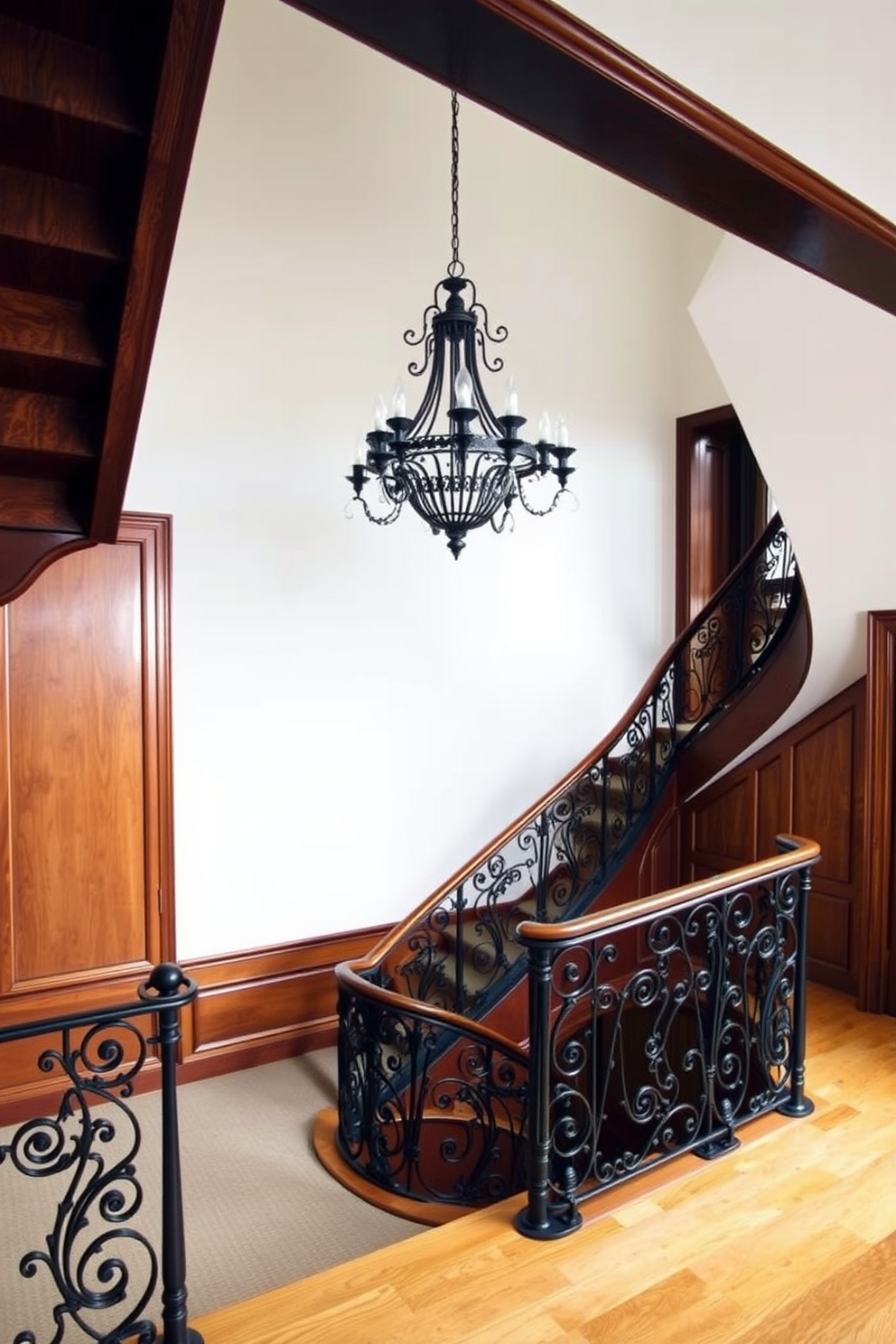 A vintage style U-shaped staircase features intricately carved wooden balusters and a polished oak handrail. The steps are covered in a rich patterned carpet, enhancing the ornate details of the design. The staircase is flanked by elegant wall sconces that cast a warm glow, highlighting the craftsmanship of the woodwork. Vintage photographs in ornate frames adorn the walls, adding character and charm to the overall aesthetic.