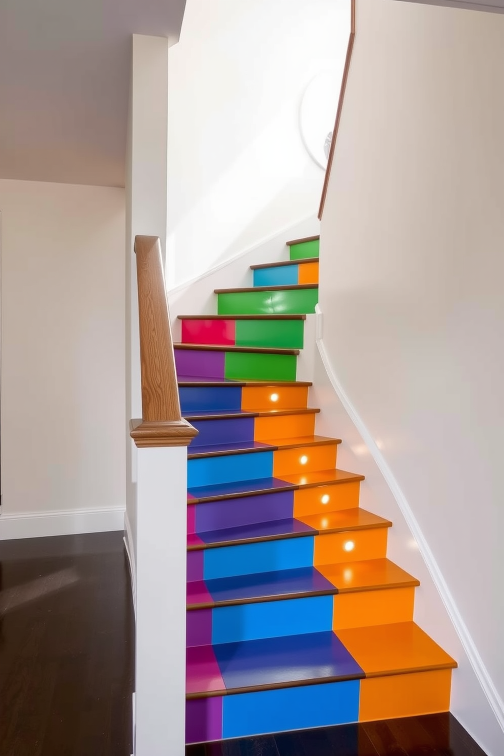 Brightly painted risers in vibrant colors create a playful touch that enhances the overall aesthetic of the U-shaped staircase. The staircase features a sleek handrail made of polished wood, with soft lighting illuminating each step for a welcoming ambiance.