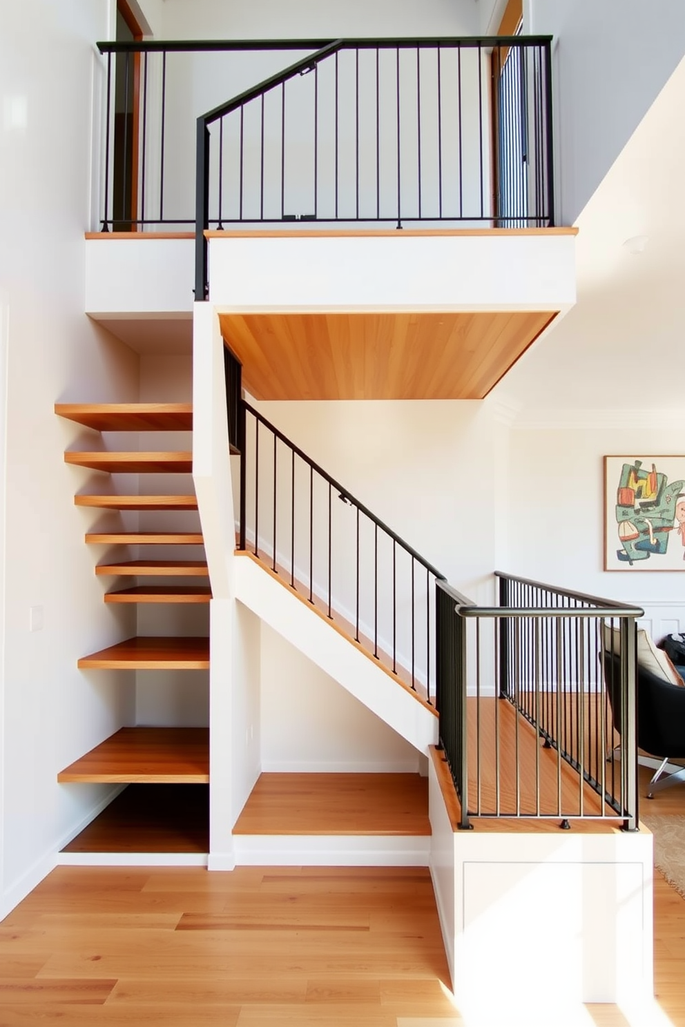 A modern U-shaped staircase with open space underneath for storage solutions. The staircase features sleek wooden steps and a minimalist metal railing, creating a seamless flow in the open concept space.