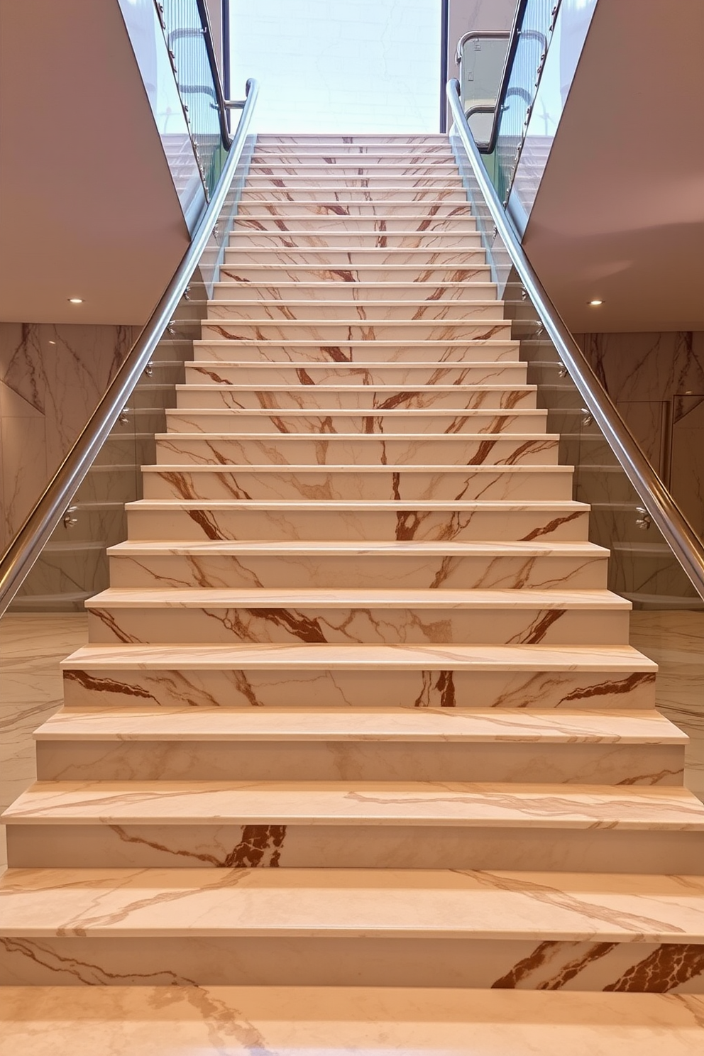 Luxurious marble steps elegantly ascend in a grand U-shaped staircase, showcasing rich veining and a polished finish. The staircase is framed by a sleek metal railing that complements the opulence of the marble, enhancing the overall aesthetic.