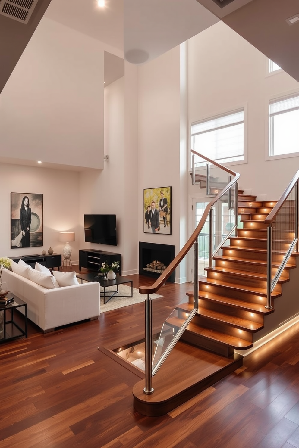 A modern living space featuring smart home technology seamlessly integrated into the design. The room includes voice-activated lighting, automated window shades, and a smart thermostat, all elegantly concealed within stylish decor. An elegant U-shaped staircase that serves as a focal point in the entryway. The staircase features hardwood steps with a glass railing, surrounded by soft ambient lighting that highlights the architectural details.