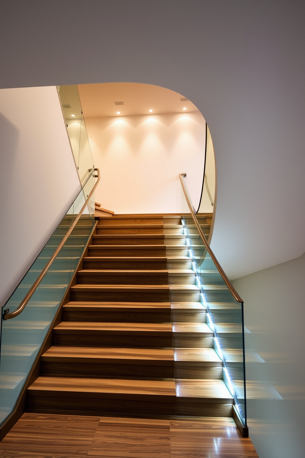 A modern U-shaped staircase with sleek wooden steps and a glass railing. Architectural lighting is strategically placed to highlight the curves of the staircase, creating a warm and inviting ambiance.