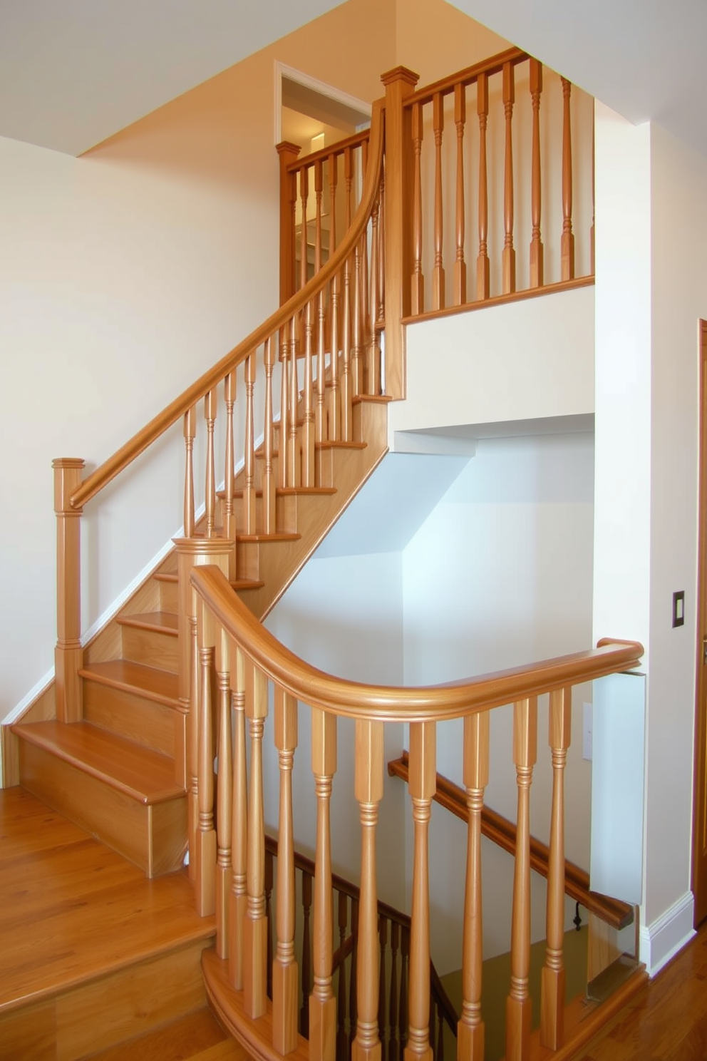 A U-shaped staircase elegantly curves with wooden steps and a sleek metal railing. Natural light floods the space through a large skylight above, creating a warm and inviting atmosphere.