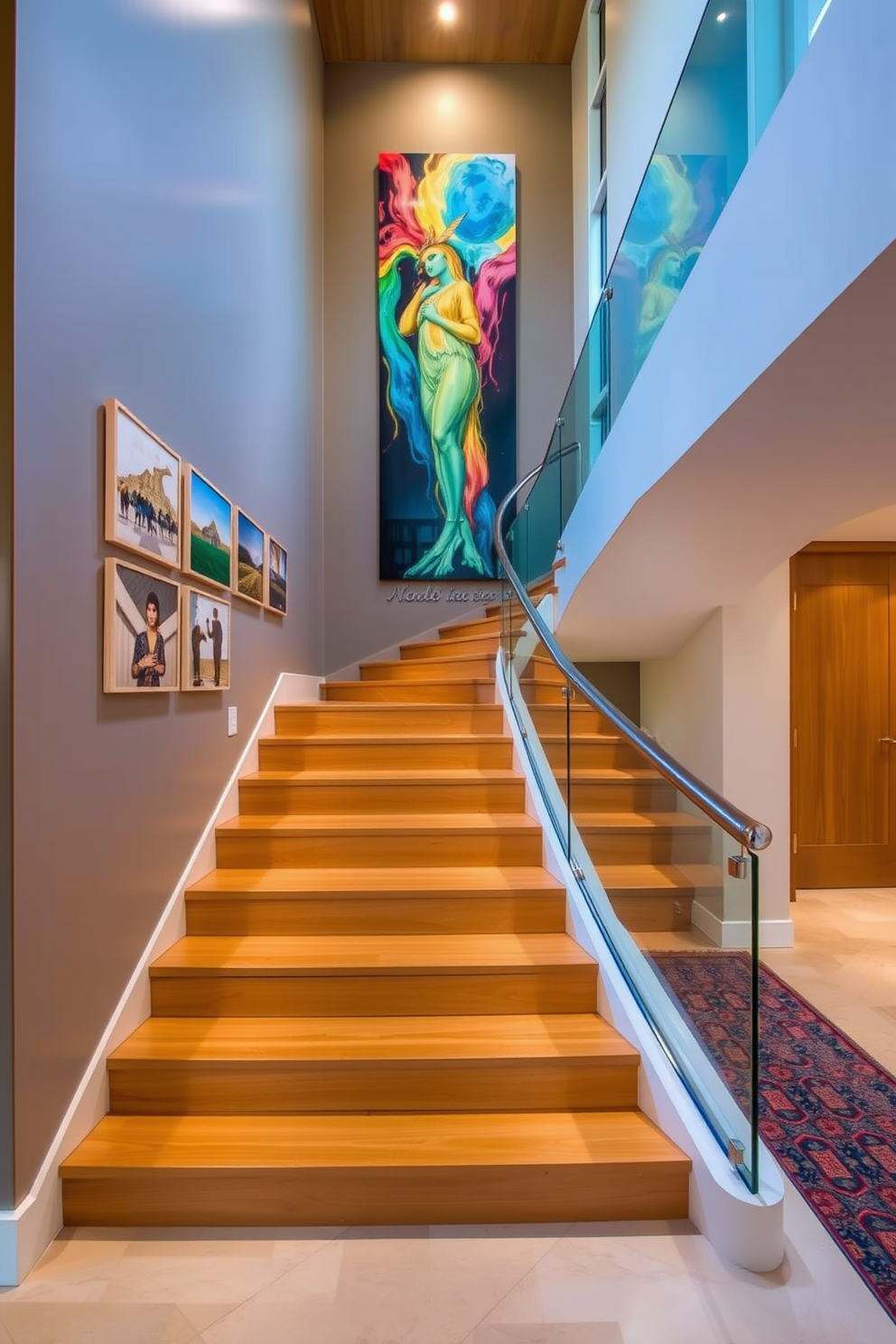 Custom artwork displayed along the staircase creates a stunning visual impact. The U-shaped staircase features elegant wooden steps and a sleek glass railing that enhances the overall aesthetic.