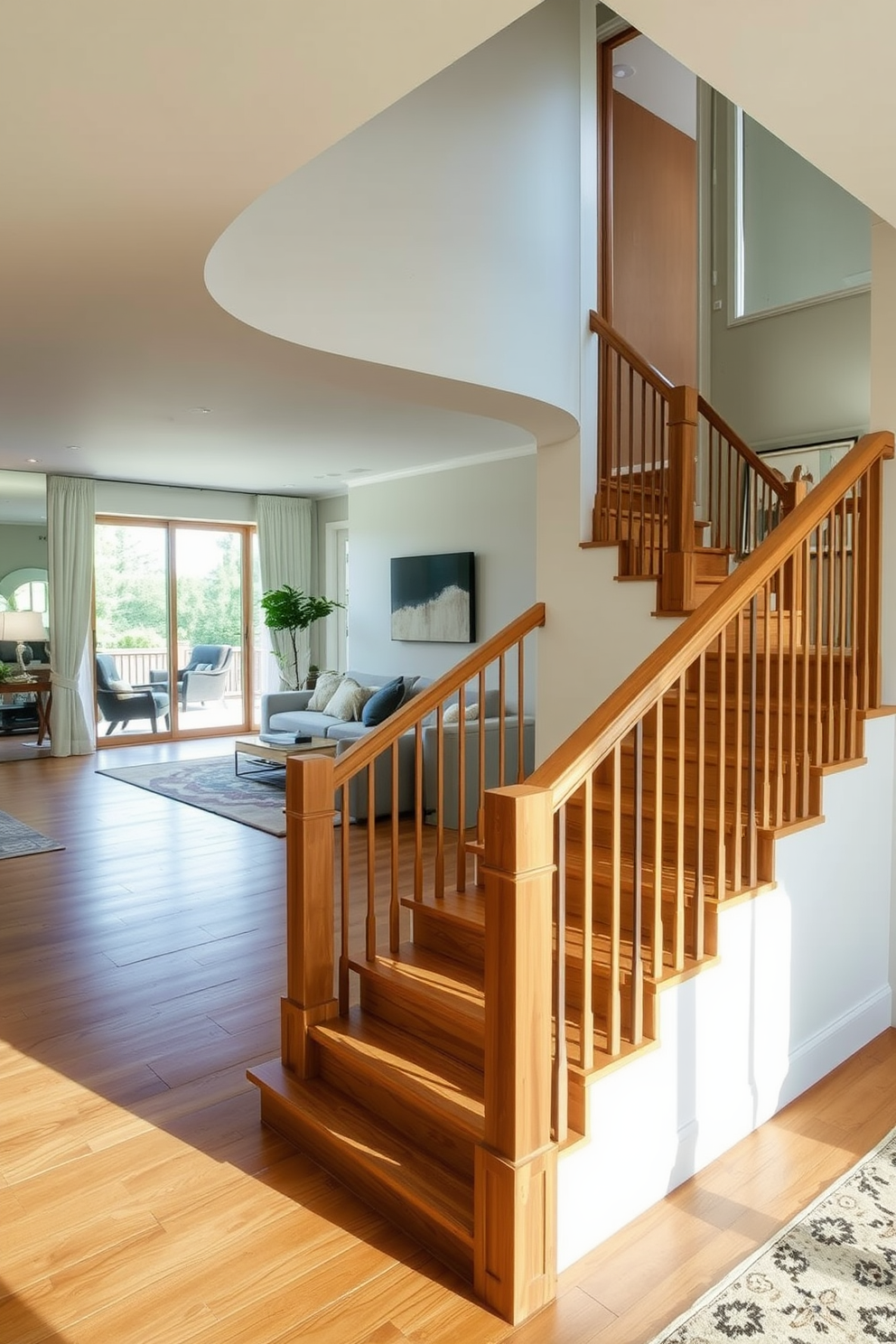 Bold patterned tiles adorn the staircase landing, creating a vibrant focal point that draws the eye. The U-shaped staircase features elegant wooden handrails and a sleek design that complements the surrounding decor.