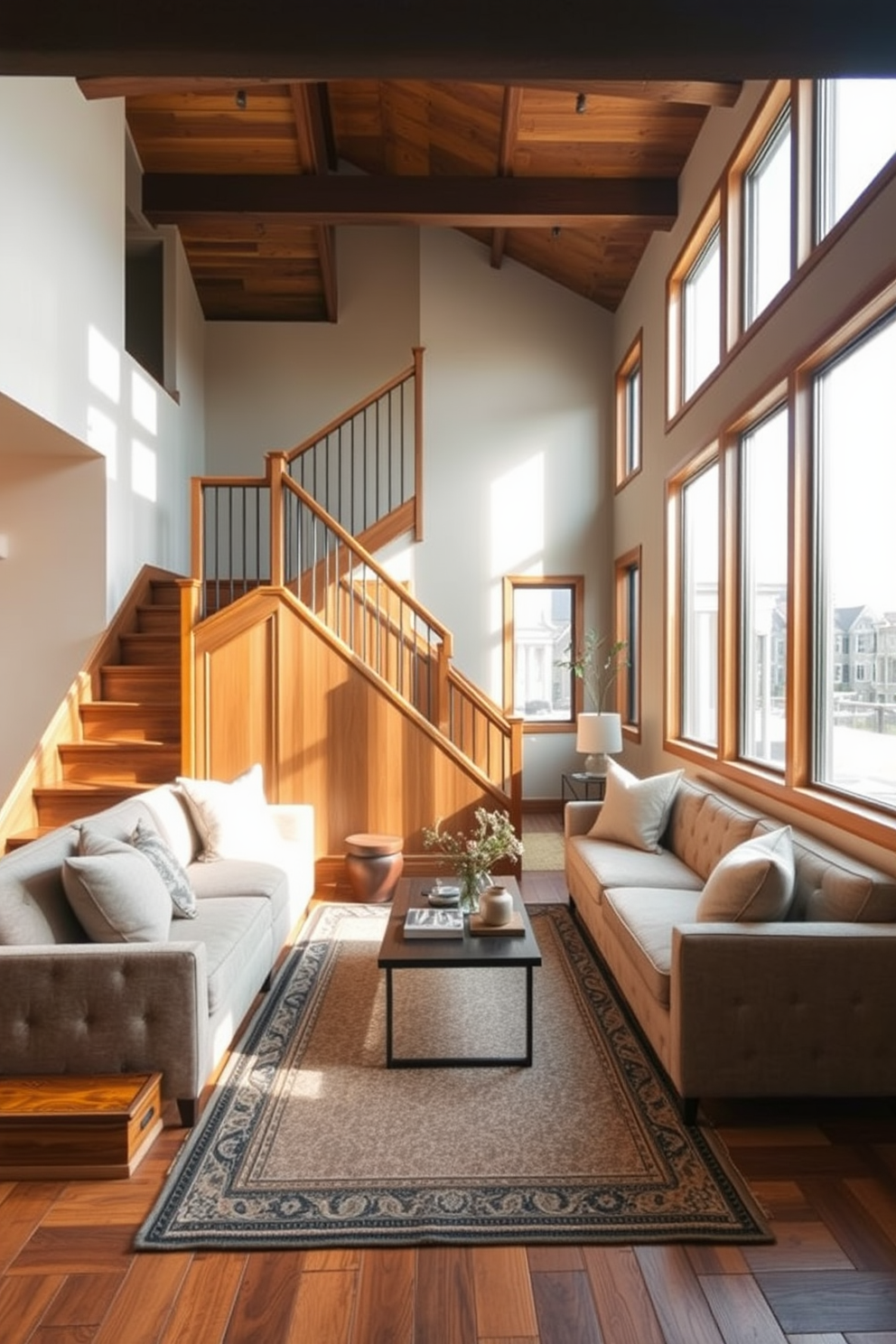 A cozy integrated seating area is nestled at the landing of a U-shaped staircase. The space features a plush sectional sofa adorned with soft throw pillows and a stylish coffee table in the center. Natural light floods the area through large windows, highlighting the warm wood tones of the staircase. A decorative rug anchors the seating arrangement, creating an inviting atmosphere perfect for relaxation or conversation.