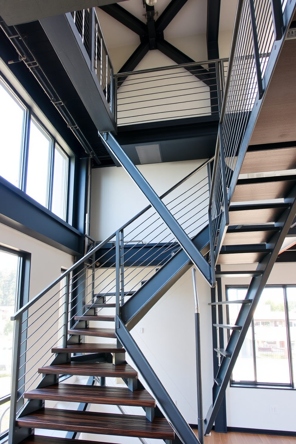 A sleek metal staircase with an industrial vibe features exposed steel beams and a minimalist design. The steps are made of dark wood, contrasting beautifully with the metallic railings that have a matte finish. The U-shaped staircase design incorporates sharp angles and clean lines, creating a striking focal point in the space. Large windows flank the staircase, allowing natural light to flood in and highlight the unique architectural elements.