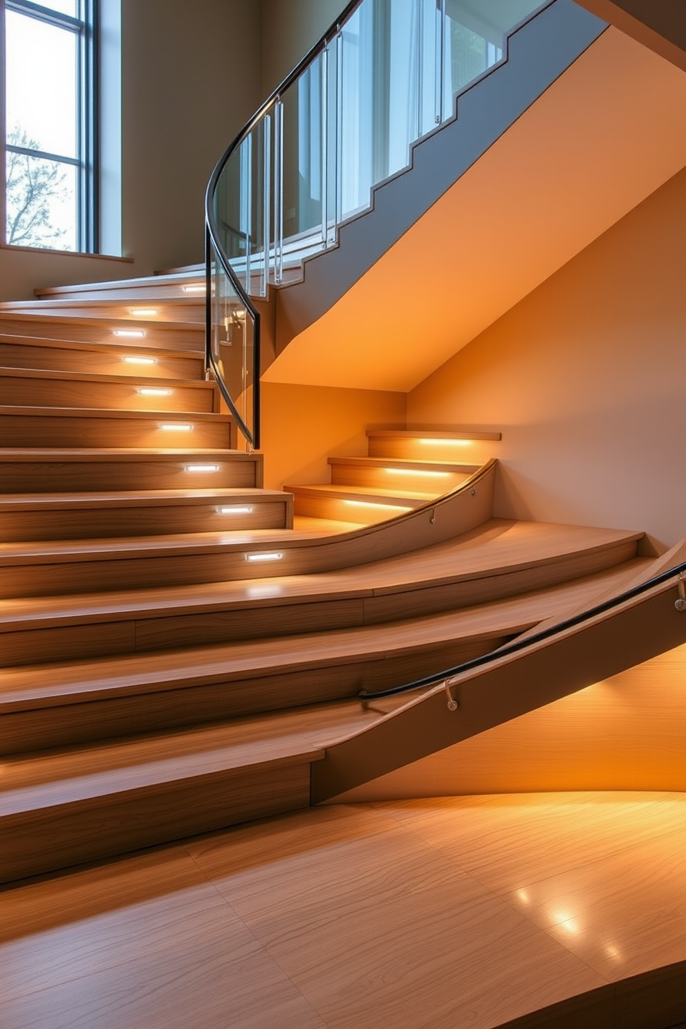 Curved steps gracefully ascend with integrated lighting features illuminating each step. The U-shaped staircase embraces modern elegance, seamlessly blending functionality with aesthetic appeal.