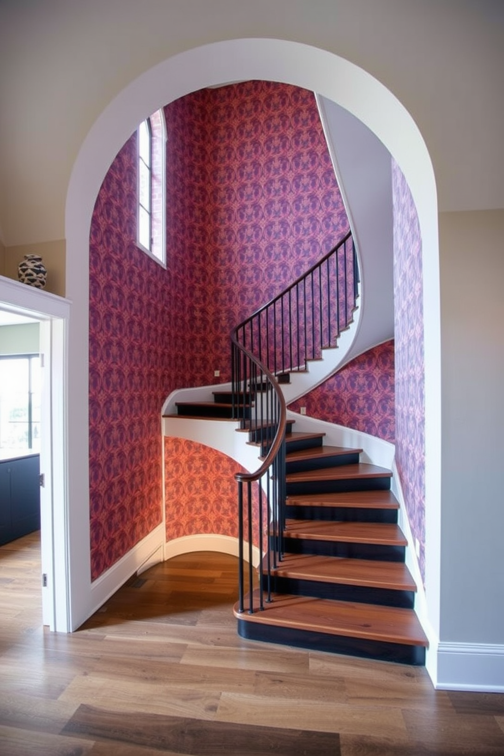 A sophisticated U-shaped staircase features dark wood steps with elegant brass accents along the railing. The walls are adorned with soft lighting that highlights the rich texture of the wood, creating a warm and inviting atmosphere.