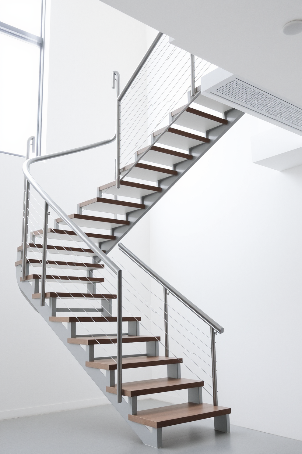 A minimalist design featuring a U-shaped staircase with sleek metal accents. The staircase is surrounded by a light-filled space, showcasing clean lines and a contemporary aesthetic.