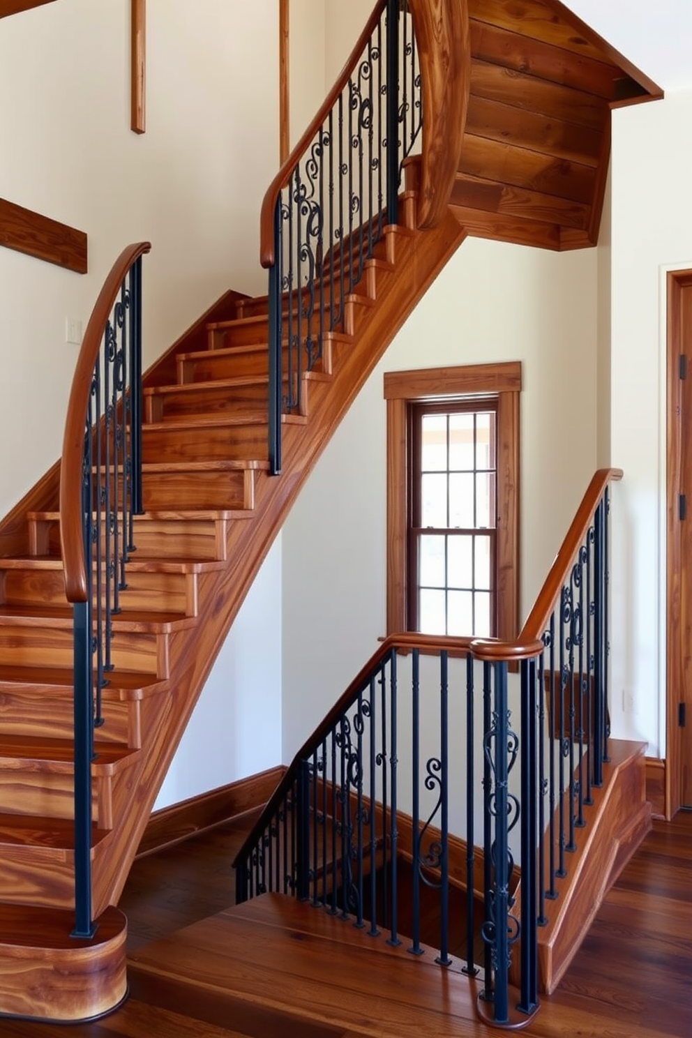 A rustic U-shaped staircase features reclaimed wood finishes that enhance the natural beauty of the space. The warm tones of the wood are complemented by wrought iron railings, creating a cozy yet elegant atmosphere.