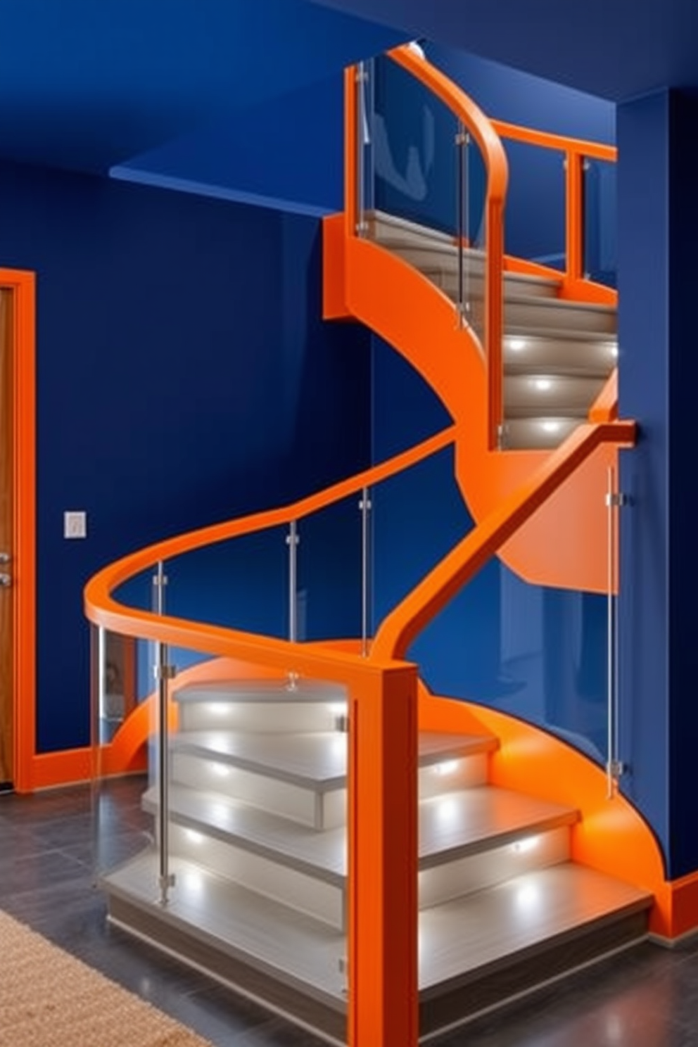 A bold color scheme featuring vibrant blues and rich oranges creates a striking modern appeal in the entryway. The walls are painted in a deep navy, while the staircase is highlighted with bright orange accents along the railing. The U-shaped staircase is designed with sleek glass panels and a polished wood handrail for a contemporary look. Each step is illuminated with subtle LED lighting, enhancing the staircase's architectural beauty.