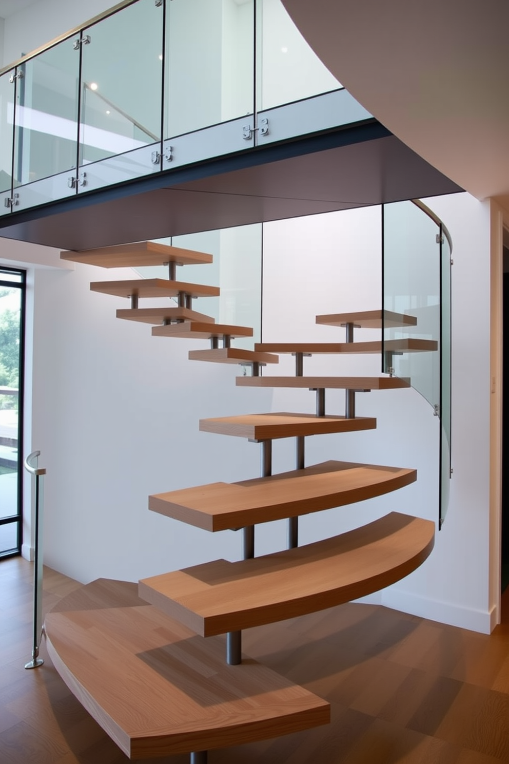 A minimalist design featuring clean lines and an open layout. The U-shaped staircase is the focal point, crafted from light wood with sleek metal railings. Natural light floods the space through large windows, highlighting the simplicity of the decor. Soft neutral tones dominate the walls and flooring, creating a serene atmosphere.