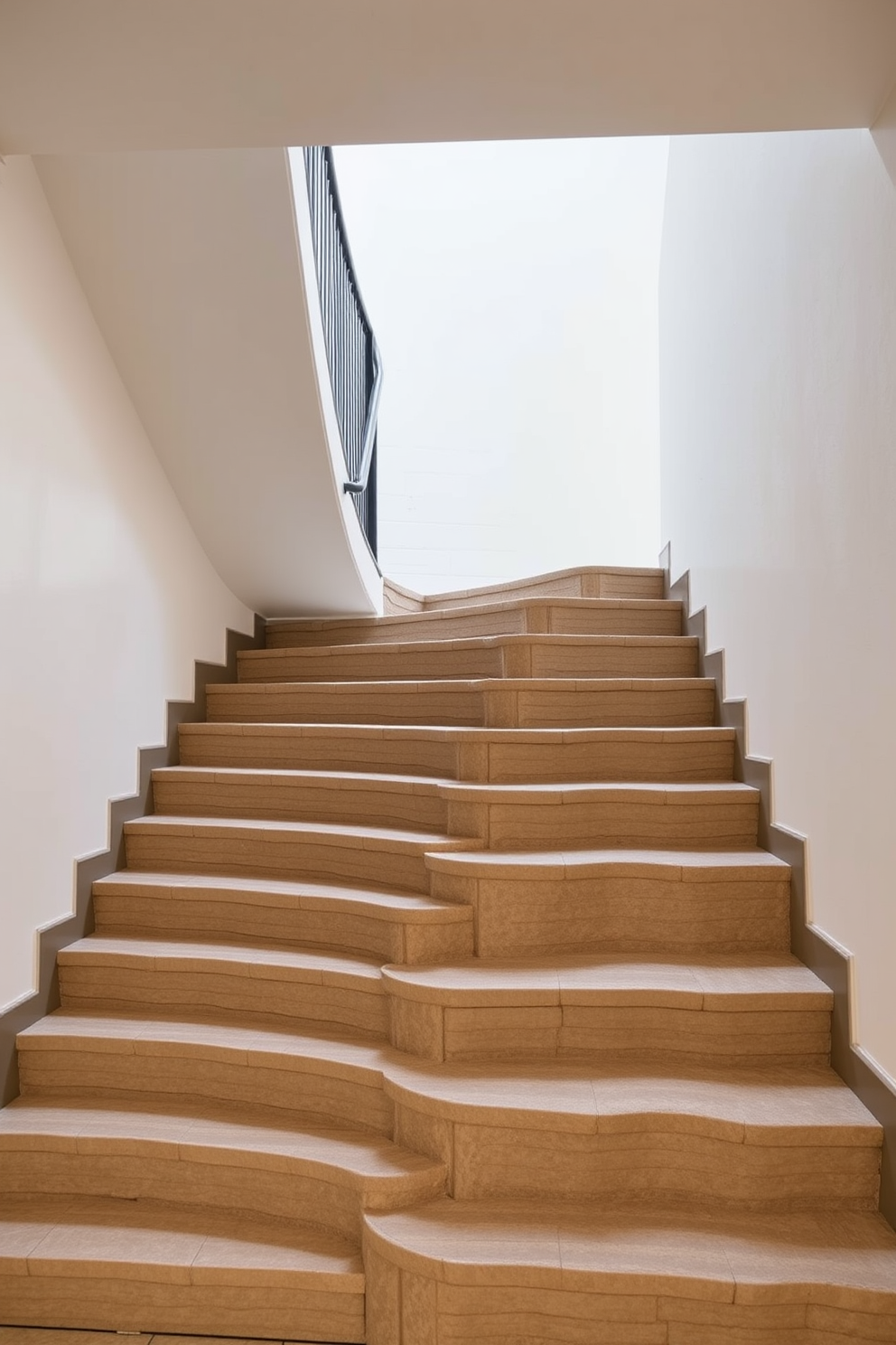 Textured stone steps create a natural look that blends seamlessly with the surrounding environment. The U-shaped staircase features elegant curves and a mix of materials, enhancing the overall aesthetic of the space.