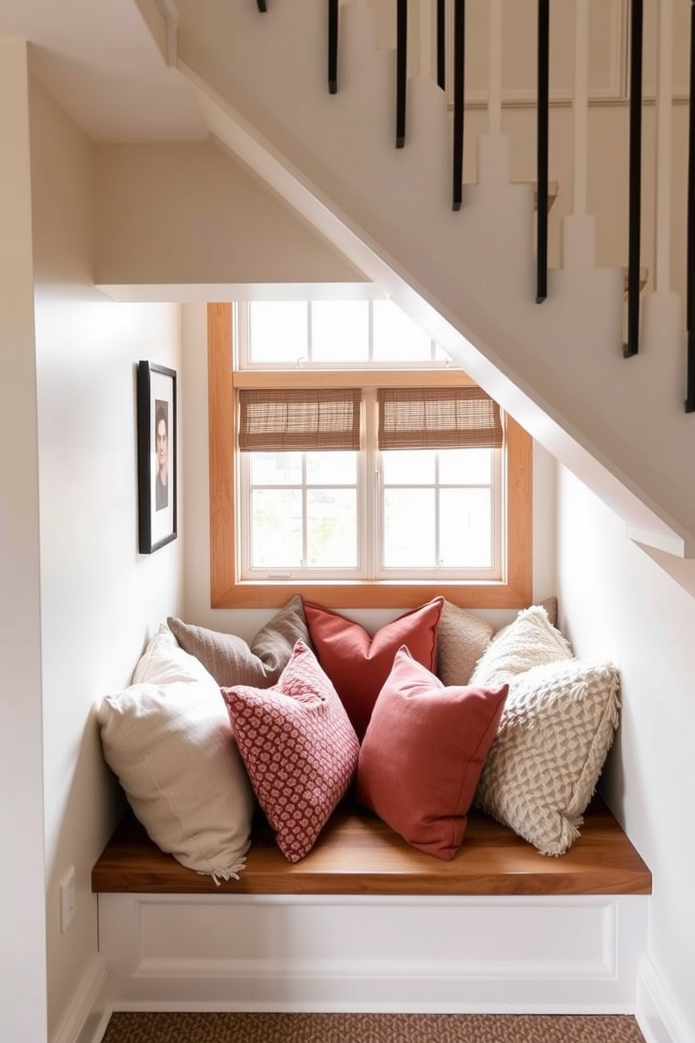 Cozy reading nook with cushions nestled under the staircase. Soft, plush cushions in various colors are scattered on a built-in bench, creating an inviting space for relaxation.