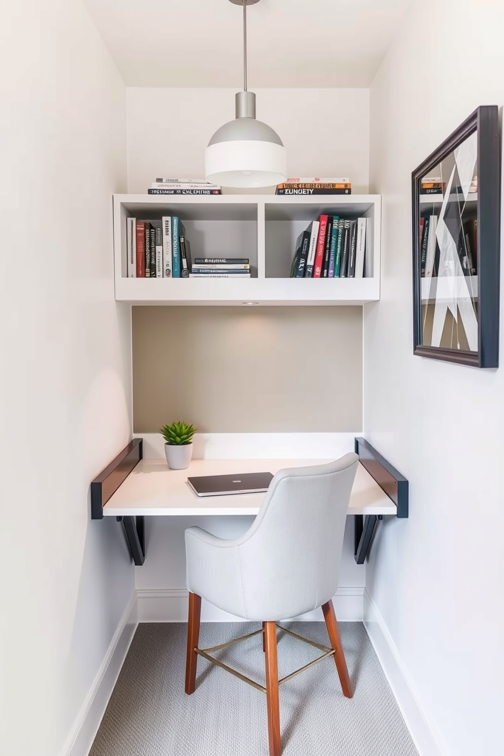 A compact workspace is cleverly designed under the staircase with a foldable desk that can be easily tucked away when not in use. The area is illuminated by a small pendant light, and the walls are painted in a soft white to enhance the sense of space. Shelves are mounted above the desk to provide storage for books and office supplies, while a comfortable chair adds a touch of elegance. A small potted plant sits on the desk, bringing a bit of nature into this efficient and stylish workspace.