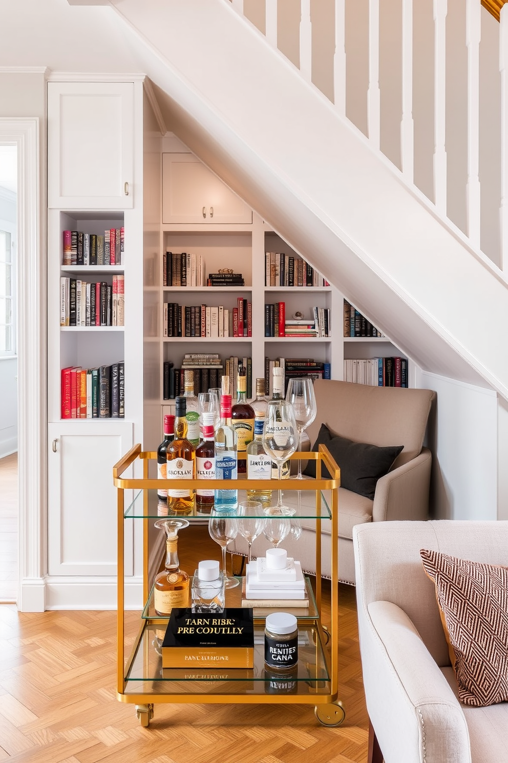 A chic bar cart for entertaining guests. The cart features a sleek gold frame with glass shelves, adorned with an array of colorful liquor bottles and elegant glassware. Under staircase design ideas. The space is transformed into a cozy reading nook with built-in bookshelves, a plush armchair, and soft lighting to create an inviting atmosphere.