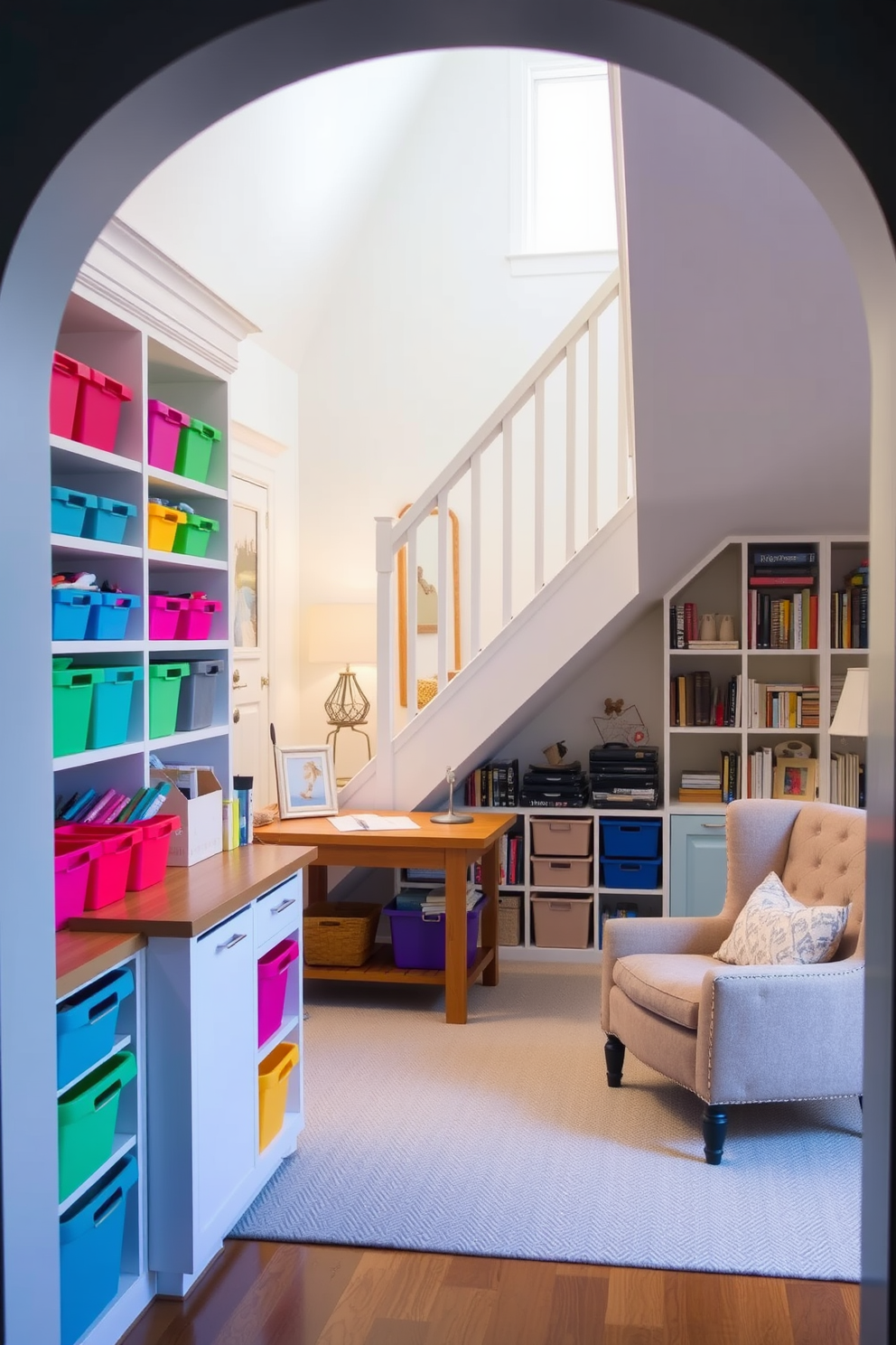 Creative craft station for hobbies. A bright and airy space filled with colorful storage bins and a large wooden table for crafting activities. Under staircase design ideas. A cozy nook featuring built-in shelves filled with books and decorative items, complemented by a plush armchair and soft lighting.