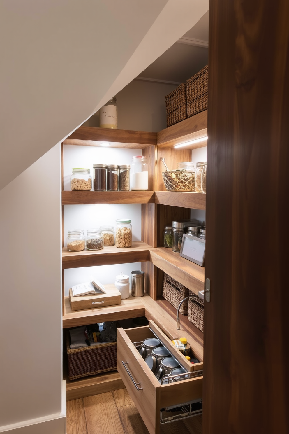 A cozy under stair pantry designed for kitchen essentials. The space features custom shelving made from reclaimed wood, neatly organized with jars and baskets for storage. Soft LED lighting illuminates the pantry, highlighting the textures of the wood and the contents within. A small pull-out drawer is incorporated for easy access to frequently used items, creating a functional and stylish storage solution.